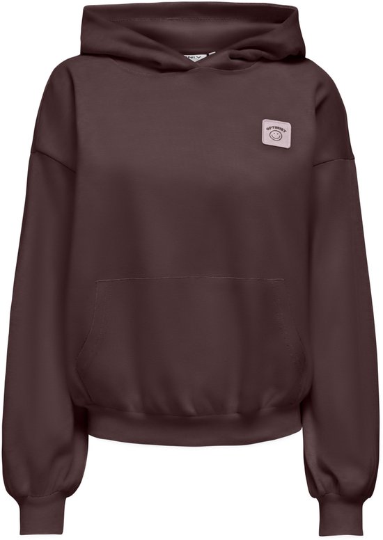 Bruine hoodie met kangoeroezak en een lichtroze applicatie met lachende smiley en tekst 'OPTIMIST'.