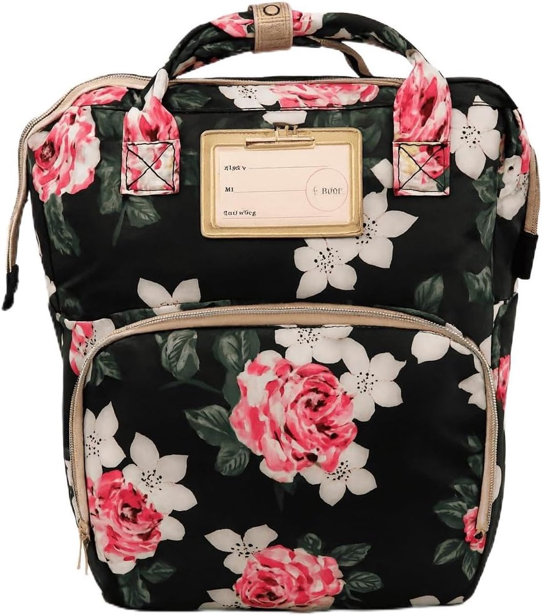 Babytas - Elegante bloemenprint - Zwart met rozen en witte bloemen - Perfecte organisatie - SnelShoppen
