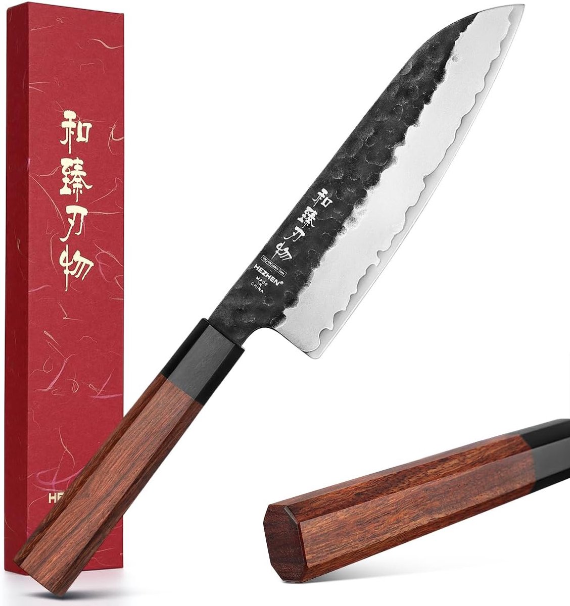 SnelShoppen - Santoku Mes, Koksmes, Japanse Gyutomes van Clad Steel, 10Cr15CoMoV Staal, Roodhouten Octagonaal Handvat, Keuken Mes voor Koken en Bereid