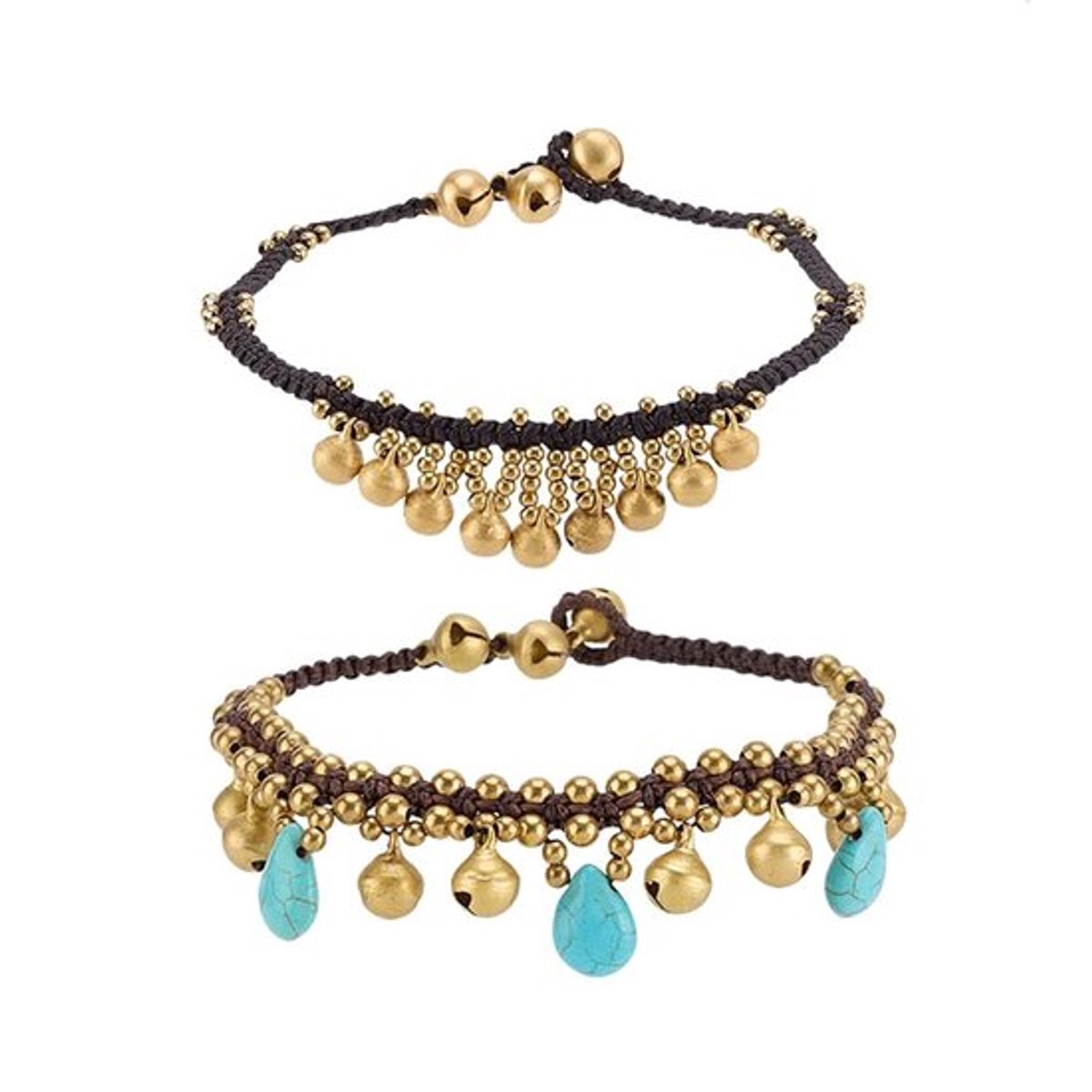 - Boheemse Enkelbandjes - Enkelbandjes met belletjes - Goudkleurig - Turkoois - Indiase Enkelbandjes - Perfect voor zomer en strand - 2 stuks