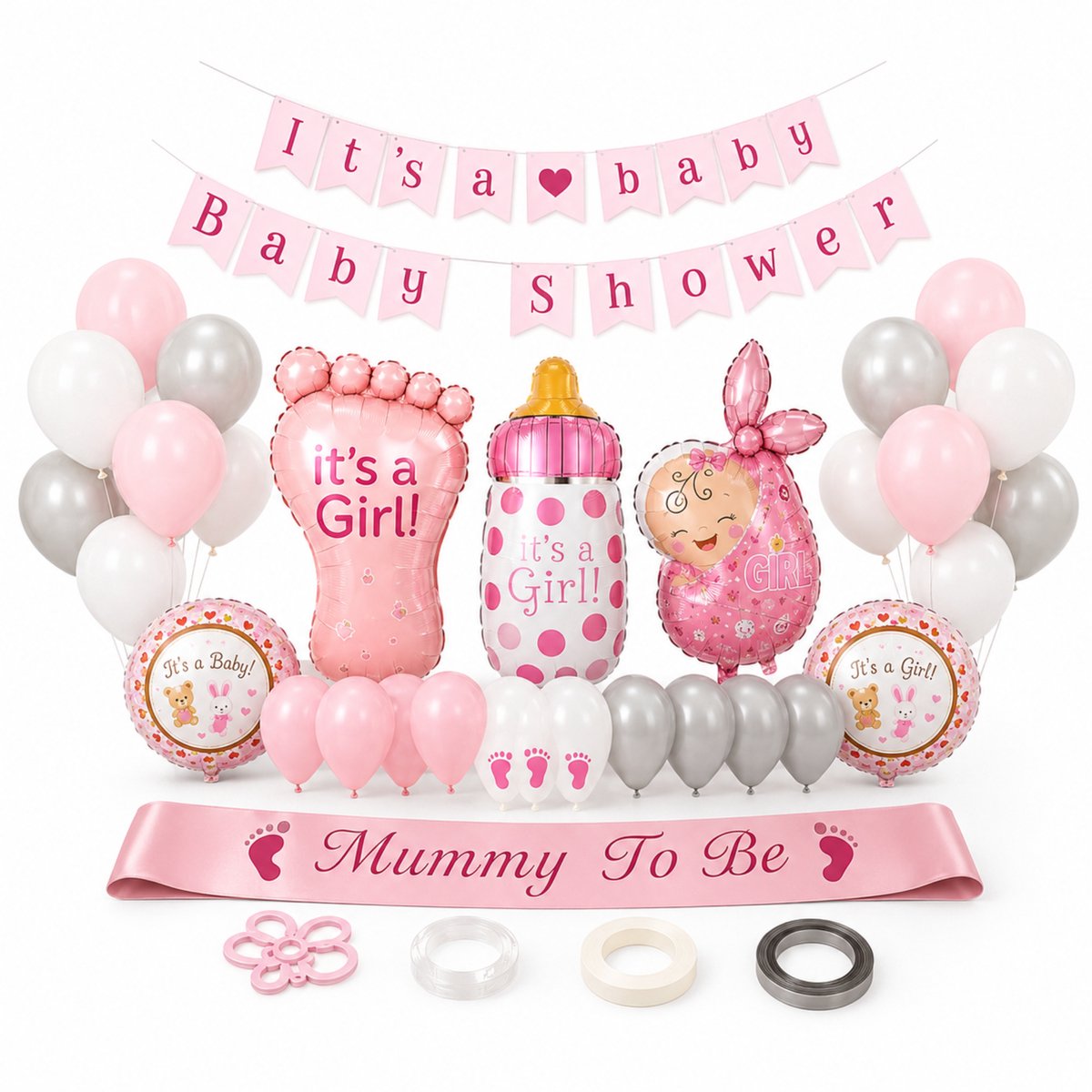 Fienosa Babyshower Ballonnenset Meisje – 38-delig – Baby Shower Versiering – It's a Girl roze Decoratie – Gender Reveal - Geboorte geslacht - Inclusief Folieballonnen, Sjerp & Banner
