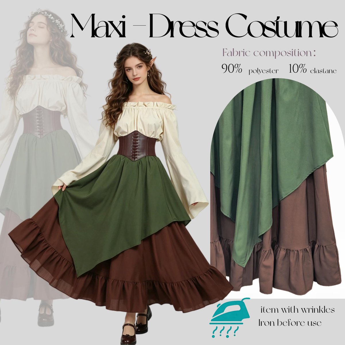 SnelShoppen - Middeleeuwse Kleding Dames Set van 5 Stuks - Retro Off-Shoulder Blouse, Jurk, Renaissance Kostuum, Victoriaanse Maxi-Jurk met Korset, Ri