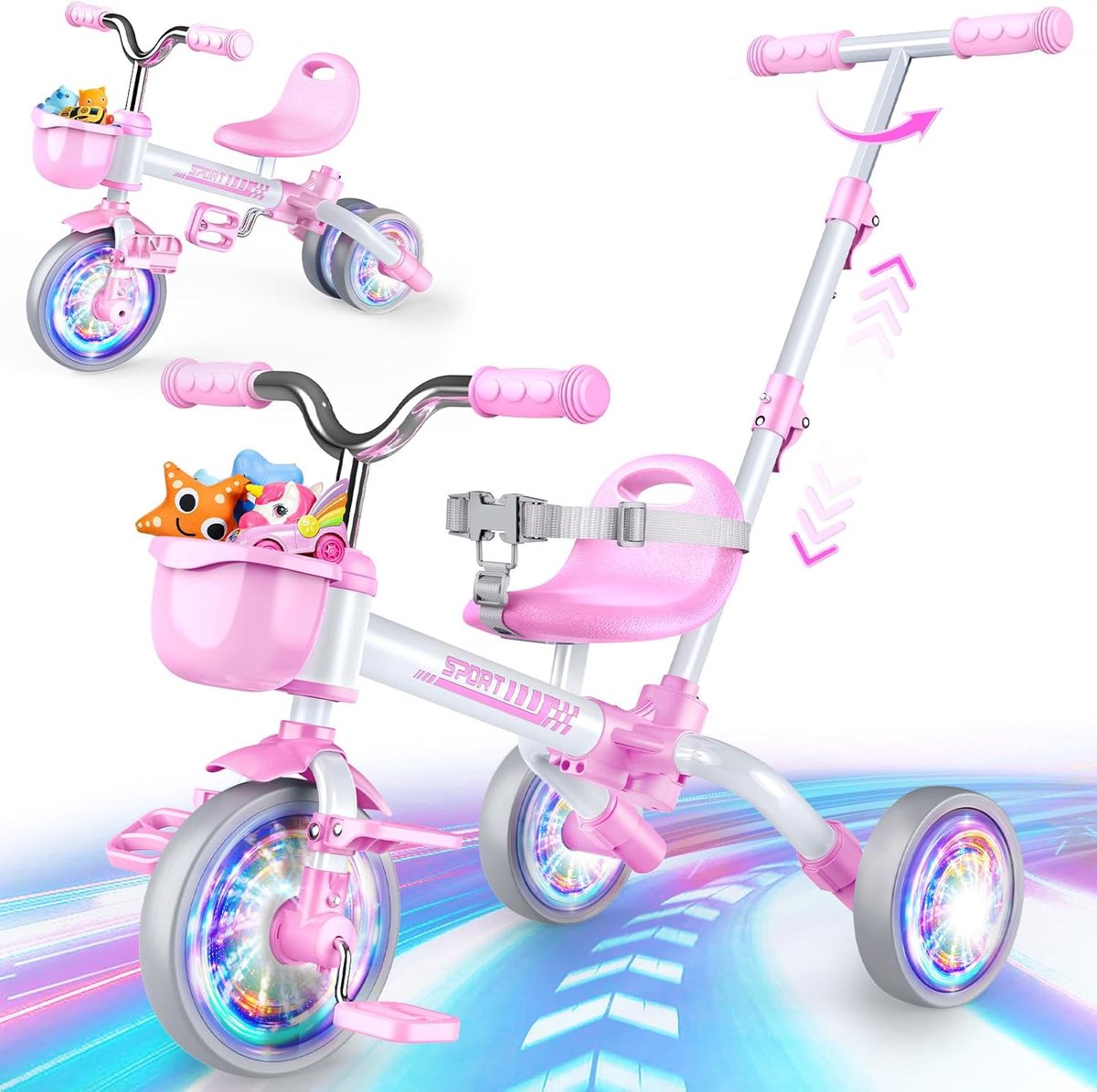 SnelShoppen - 5-in-1 Kinderfiets met Duwstang - Loopfiets, Trike & Fiets voor Kinderen van 1-5 Jaar - Luminous Wielen, Verstelbare Pedalen & Stoelen -