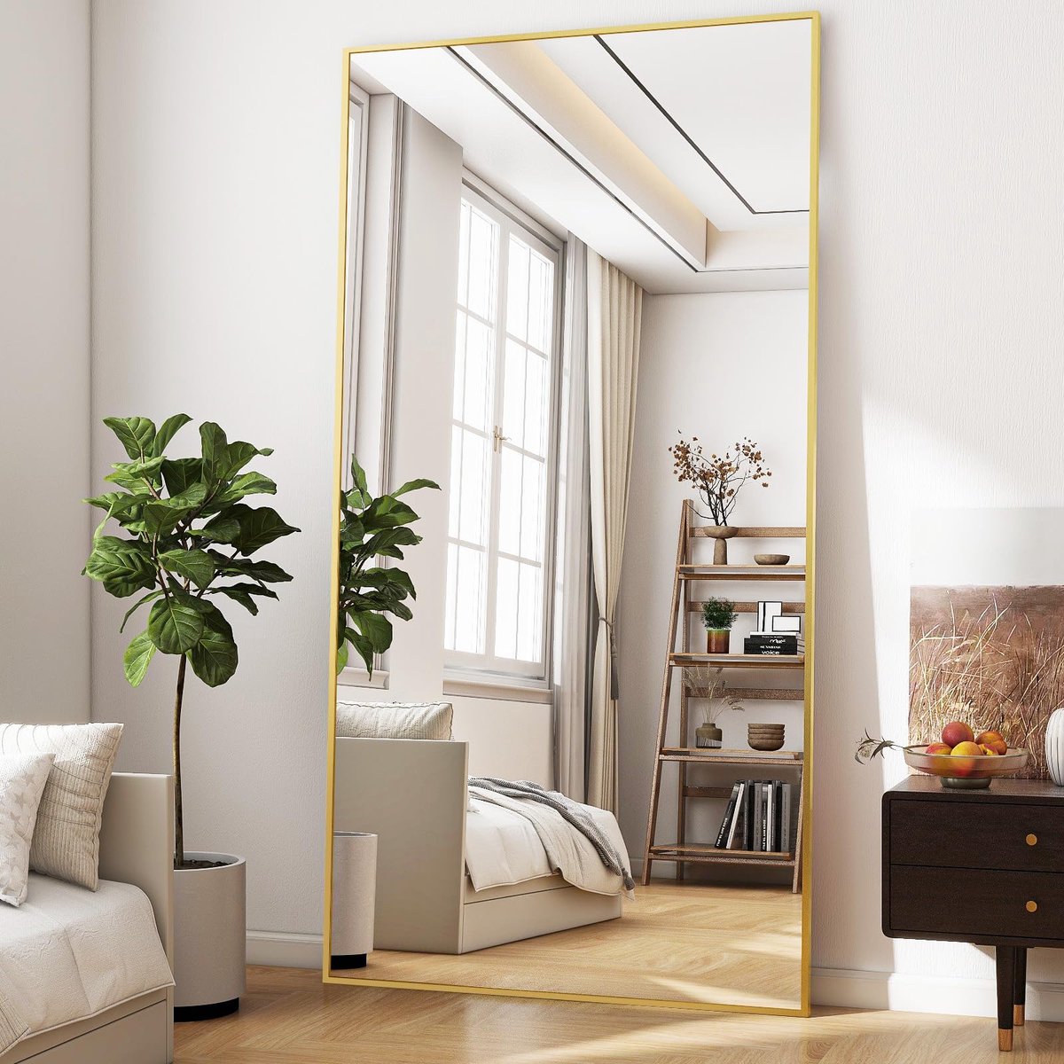SnelShoppen - Grote full-body spiegel 200 x 90 cm, staande spiegel met standaard, op te hangen of tegen te leunen, goud voor slaapkamer, hal, garderob