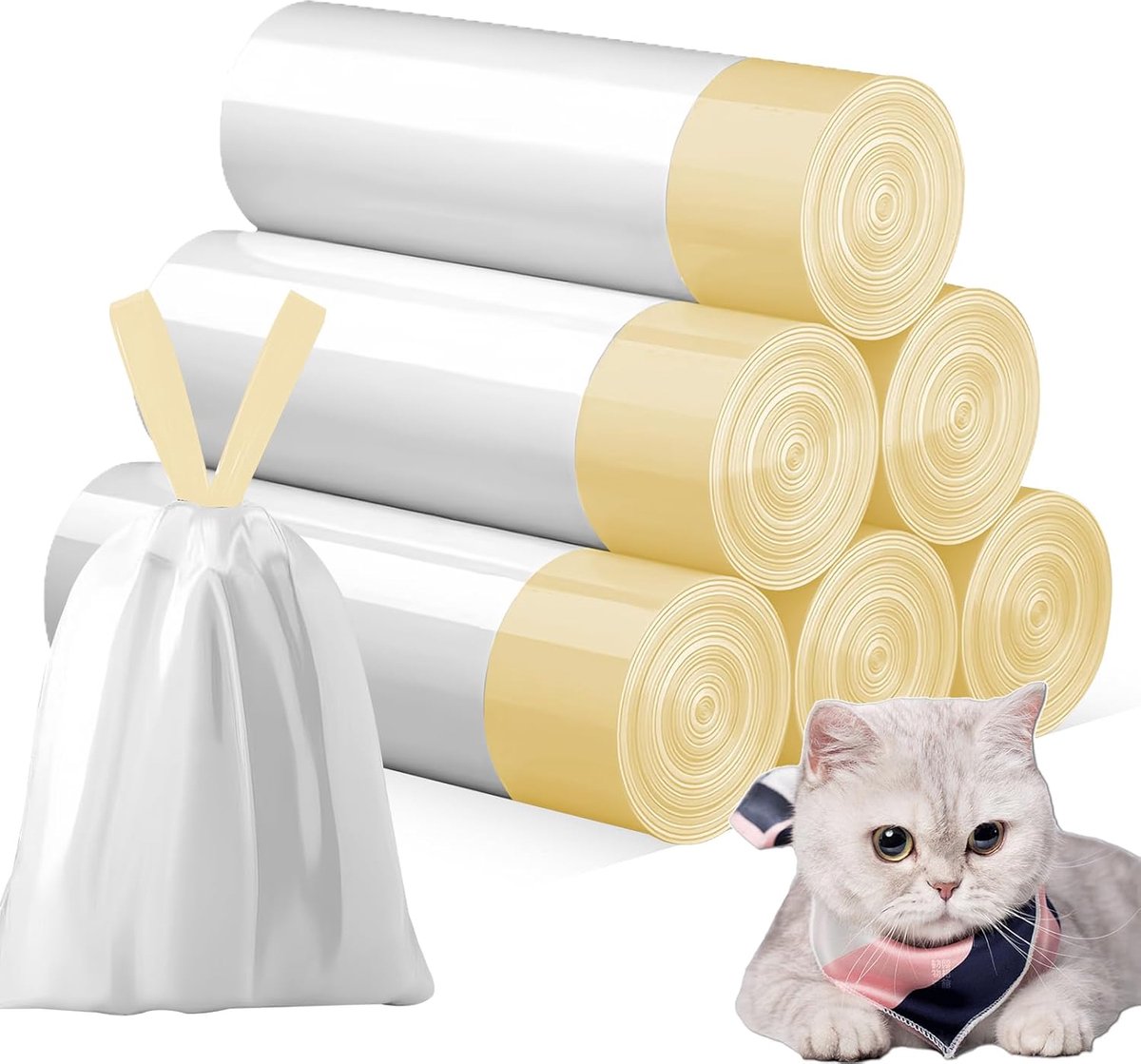 SnelShoppen - 90 Stuks Kat Afvalzakken met Handvat, Geel, 6 Rollen, Duurzame Kattenbak Vervangzakken voor Gemakkelijk Afvalbeheer, Ideaal voor Thuisge
