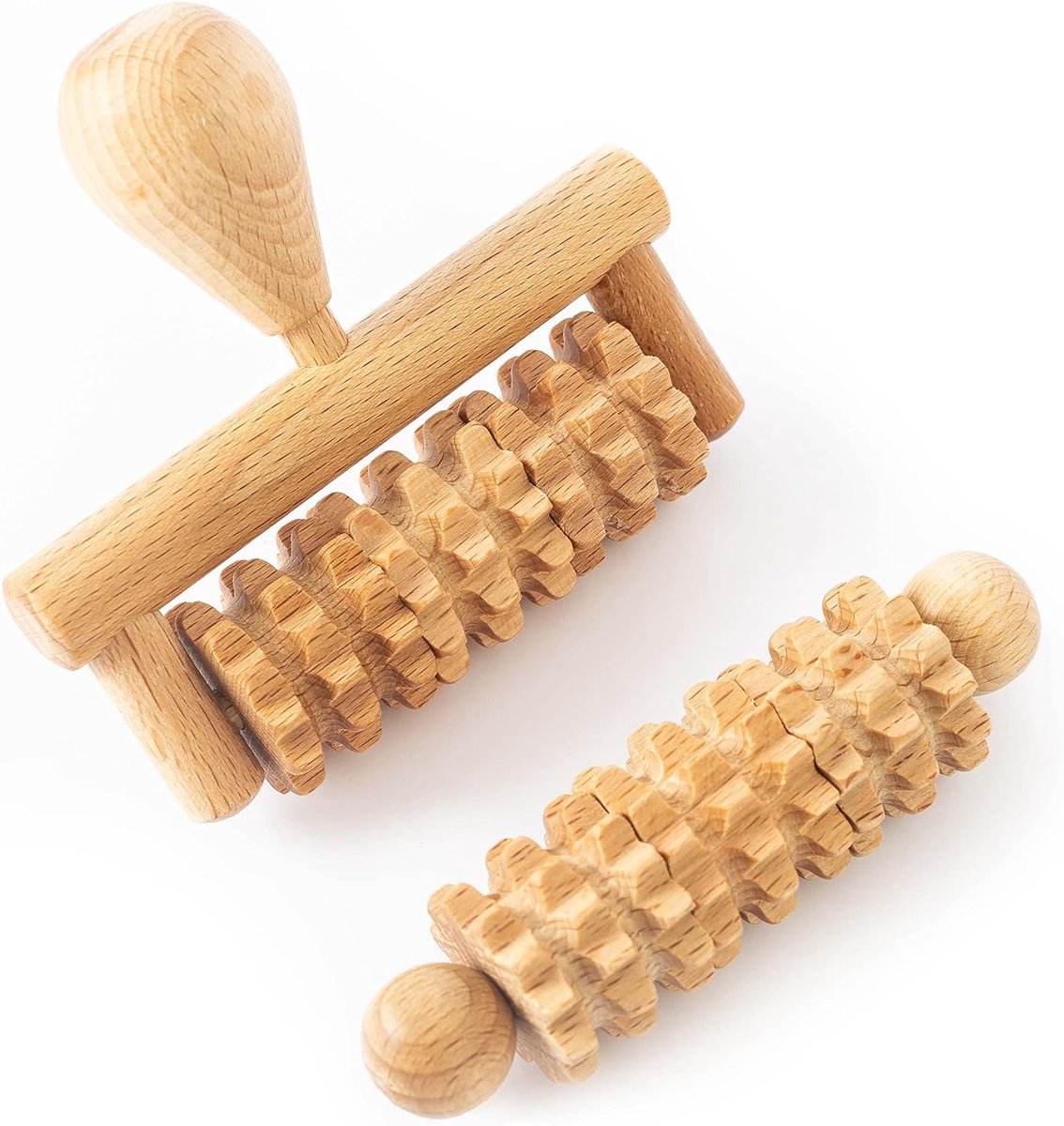 SnelShoppen - Houten Gezichtsmassage Gezicht Facial Massage Apparaat Hoofdmassage Roller met Handvat - Maderotherapie Dermaroller Hout Set voor Thuisg