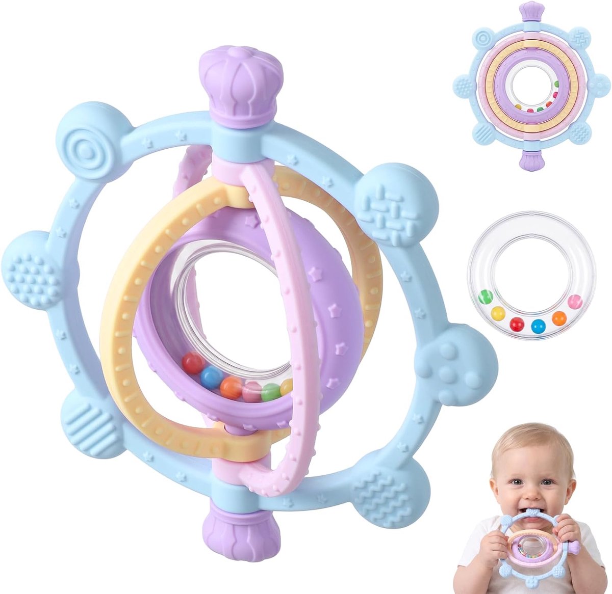 SnelShoppen - Draaibare Babybijtring voor Tandende Baby's - Blauw, Veilig en Comfortabel, Perfect voor Peuters en Kinderen - Bijtring met Speelgoedfun