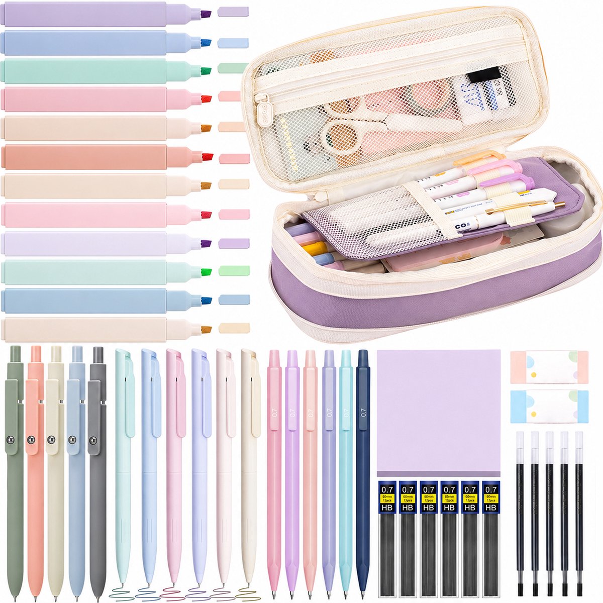 Schoolbenodigdheden Set met Cute Pennenzak - 44-delige Stationery Set voor College & Verpleegkundestudenten - 5 Gelpennen, 6 Vulpotloden, 12 Markeerstiften - Paars - 1 Set