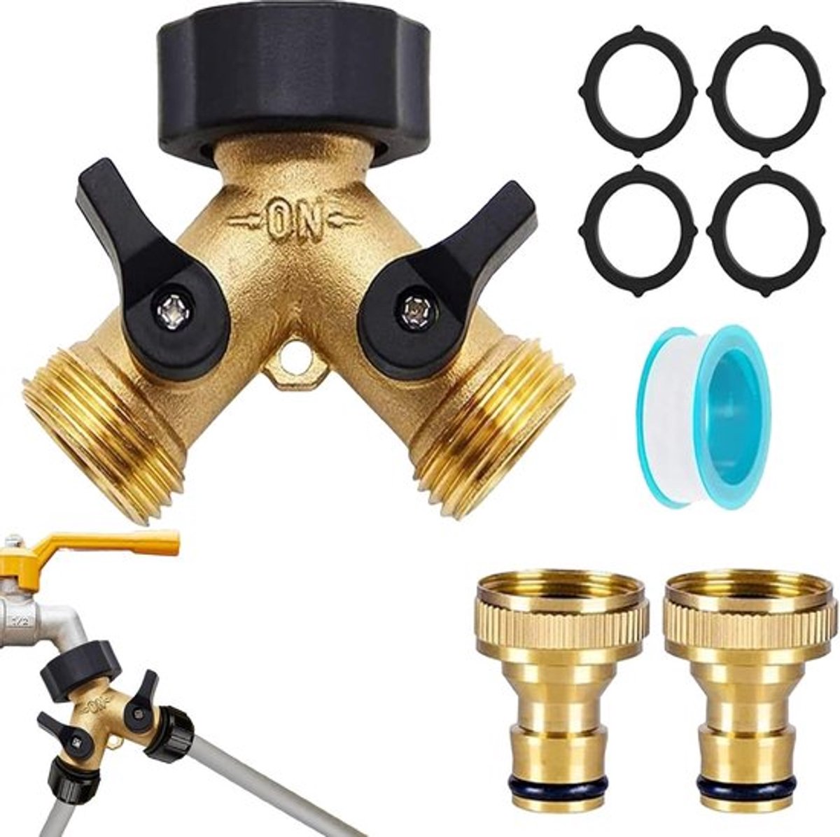 Slangkoppelingen - Y Stuk kraan splitter - Kraan Splitter - Waterverdeler 2-weg - G 3/4" waterverdeler - Buitenkraan - tuinslangaansluiting - Europese Kranen - voor gebruik in huis en tuin - 2 kleppen met 2 extra rubberen ringen (goud)