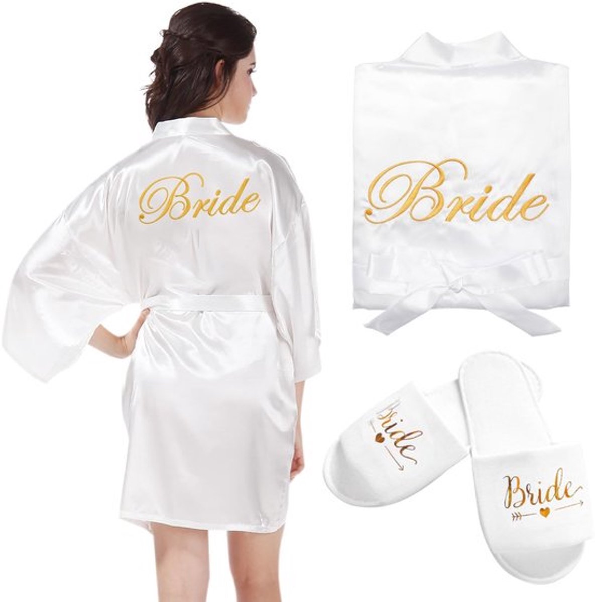 Bruidsochtendjas met Pantoffels - Badjas van Satijn/Fluweel - Nachtkleding voor Bruiloft - Vrijgezellenfeest - Gemakkelijk te Wassen - Geschikt voor de meeste Vrouwen