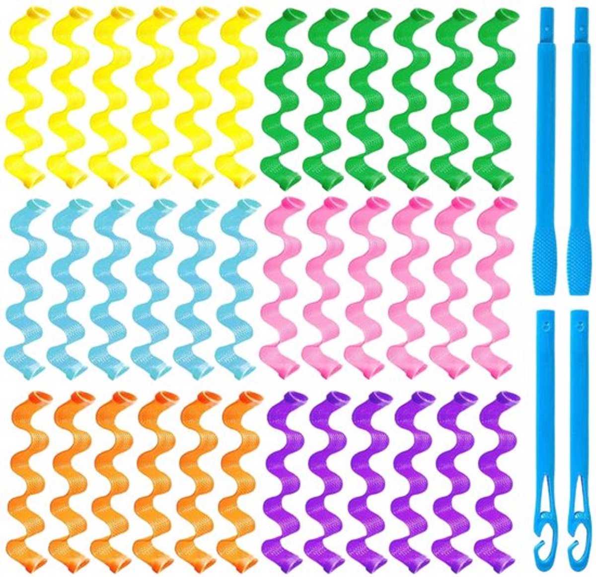 Magic krulspelden, 36 stuks, spiraalvormige krullen, styling-kit zonder hitte, krulspelden, golven, gemengde kleuren, spiraalvormige krulband met 2 stuks stylinghaken voor alle haarlengtes, 30 cm