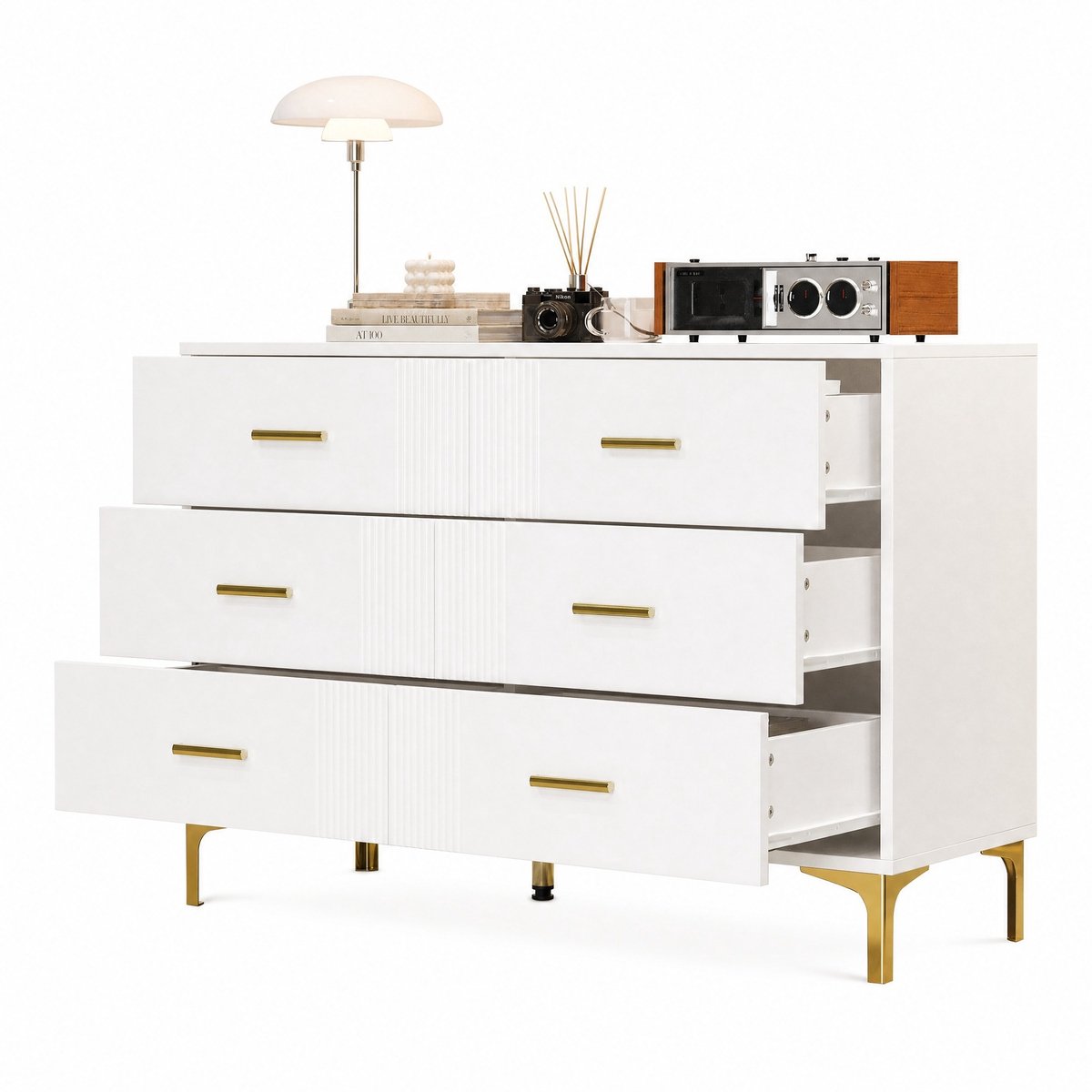 COVREO Witte kommode met 6 laden - 120x40x76 cm - opbergkast voor woonkamer of slaapkamer - modern design
