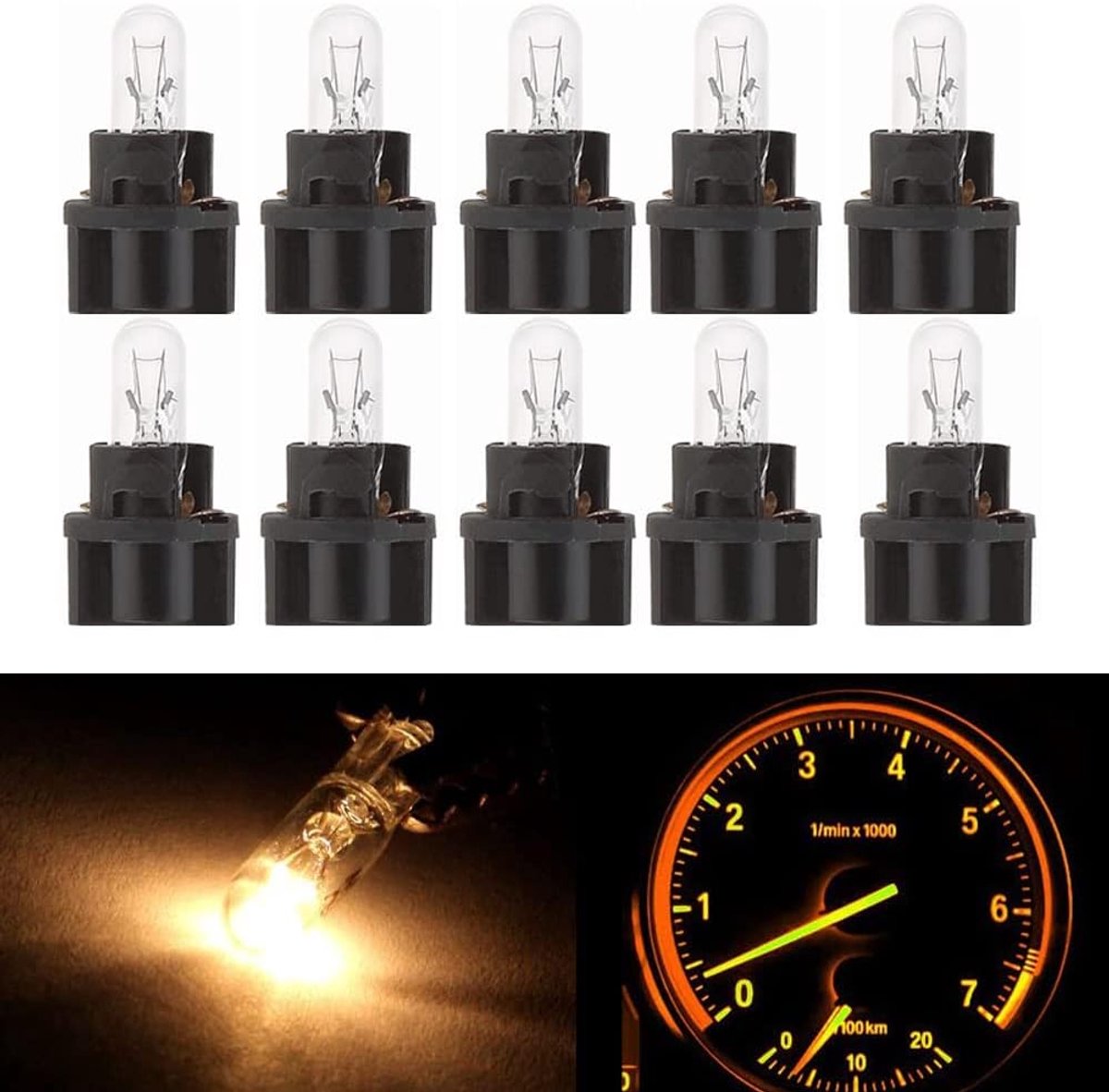 SnelShoppen - Set van 10 Halogeen Lampen met Glazen Lampvoet, T5 Fitting, 12V, 2W voor Auto Verlichting, Speedometer, Inclusief Zwarte Lampvoet