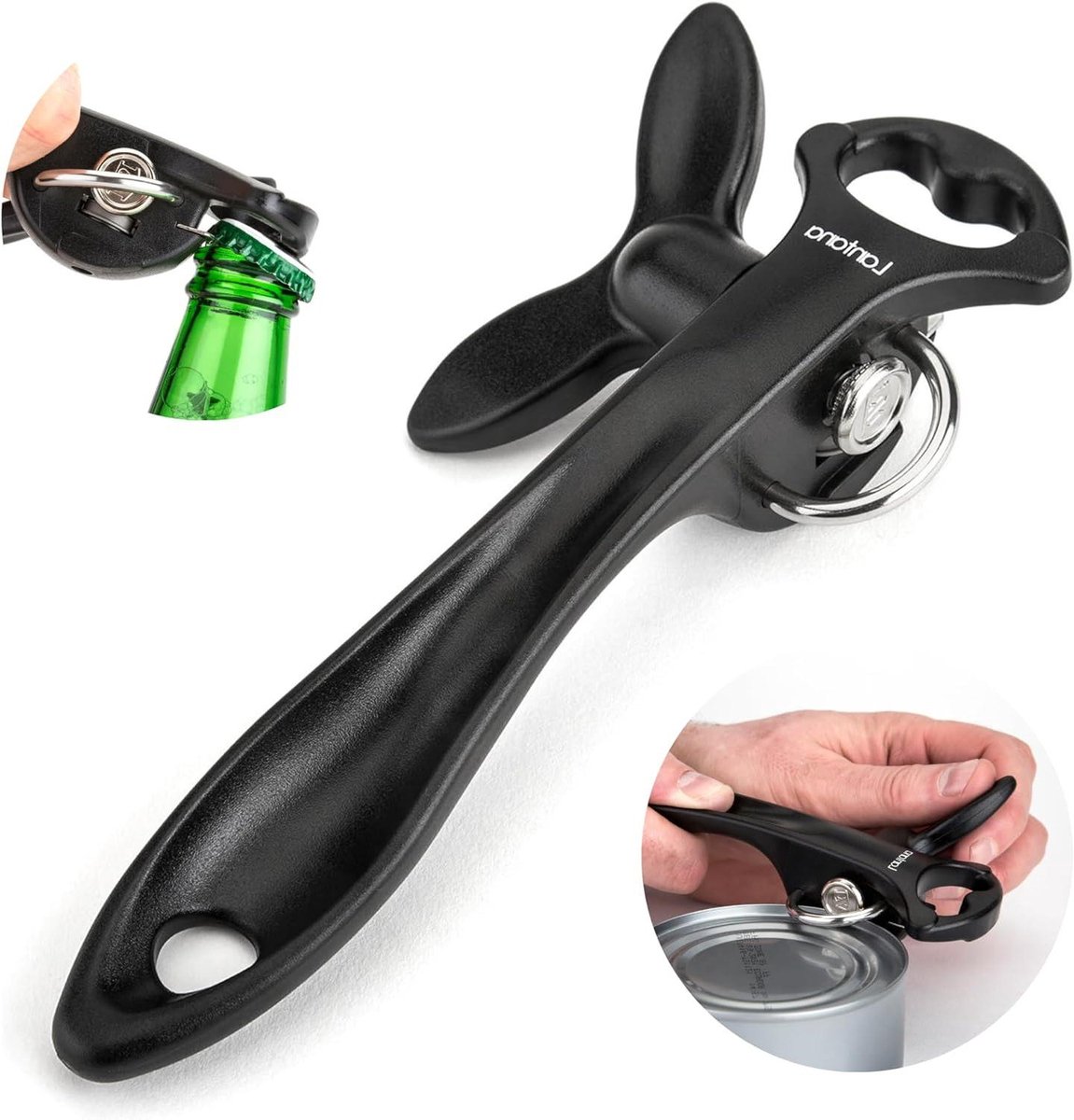 Veiligheidsblikopener - Gladde rand opener - Keukenwerk - 2-in-1 met flesopener - 10.16 x 10.16 x 48.26 cm - Zwart/Roestvrij staal