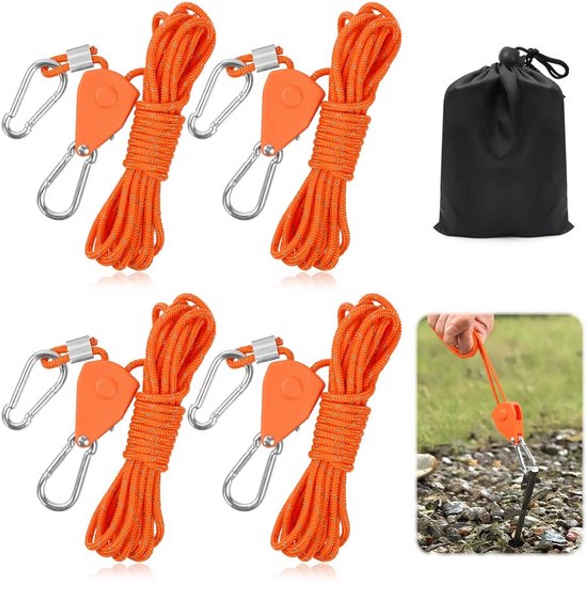 Scheerlijnen 4 stuks - 4 m Paracord - Reflecterend Nylon - Metaallegering Karabijnhaak - Lichtgewicht en Duurzaam - Roestbestendig - Tenttouw