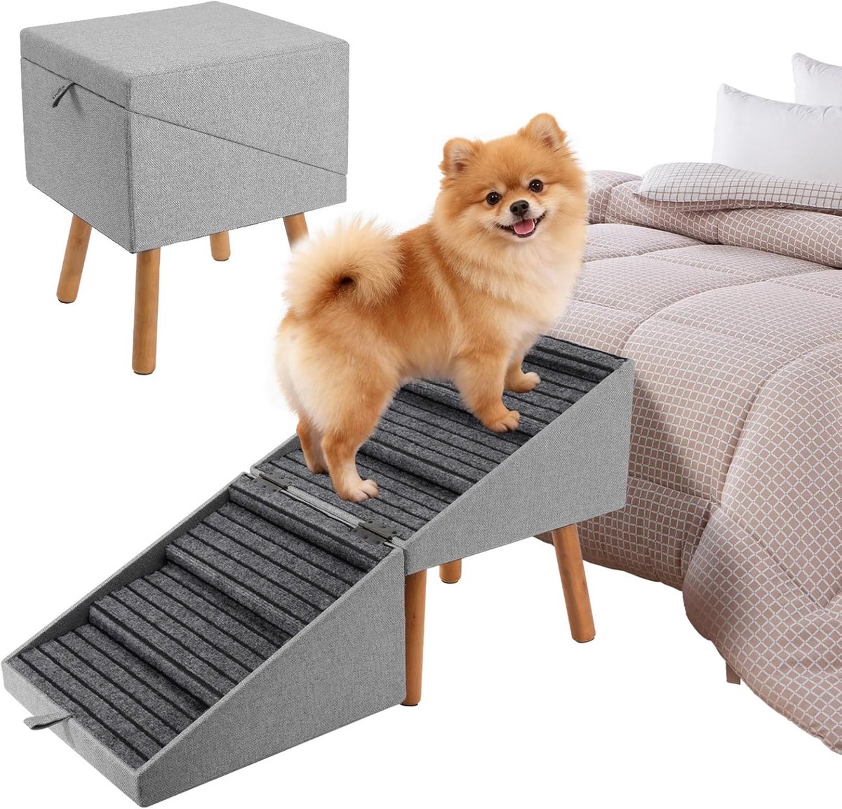 SnelShoppen - Hondentrap voor Kleine Honden en Katten - Inklapbare 2-in-1 Houten Huisdiertreden - Lichtgrijs - 53,5 cm Hoog - Antislip Kruk voor Bank