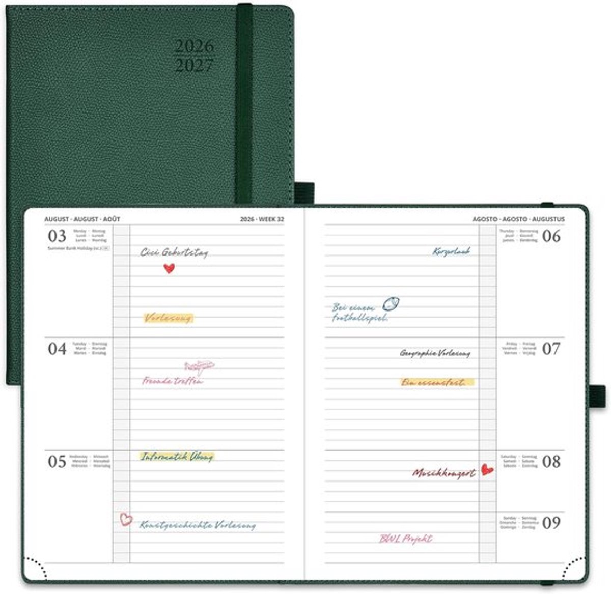 SnelShoppen - POPRUN Kalender 2026 2027 Horizontaal Wochenplaner - 17-Maanden Organiser - PU-leer - Forest Green - 22x16.5cm - Weekindeling - Perfect
