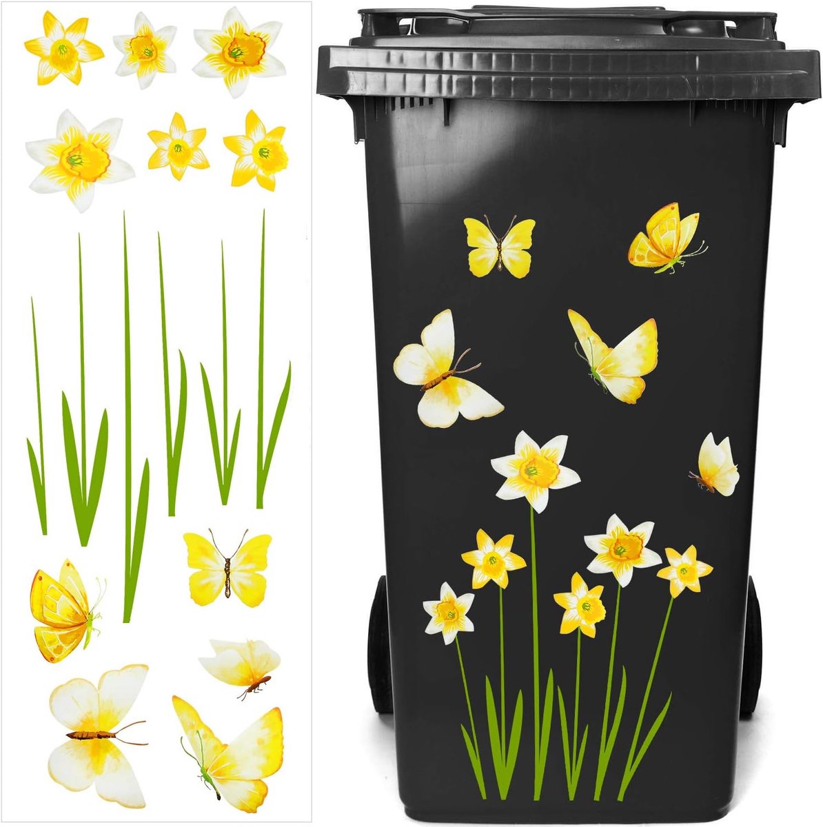 SnelShoppen - Decoratieve Afvalbak Stickers met Bloemen en Vlinders - Waterdichte PVC Stickers voor Binnen en Buiten - 70 x 20 cm - Leuk voor Keuken,