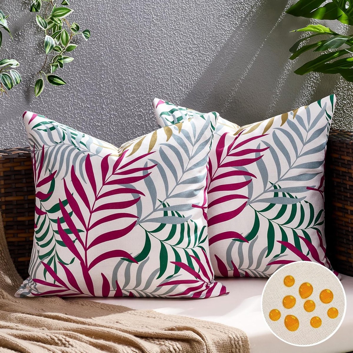 SnelShoppen - Outdoor Kussen 50x50 cm - Weerbestendig Boho Decoratief Kussen - Vintage Kussenhoes in Groen en Roze - Tropische Bladeren voor Tuin, Woo
