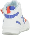Achterkant van witte Geox hoge sneaker met blauwe details en oranje hiellus.