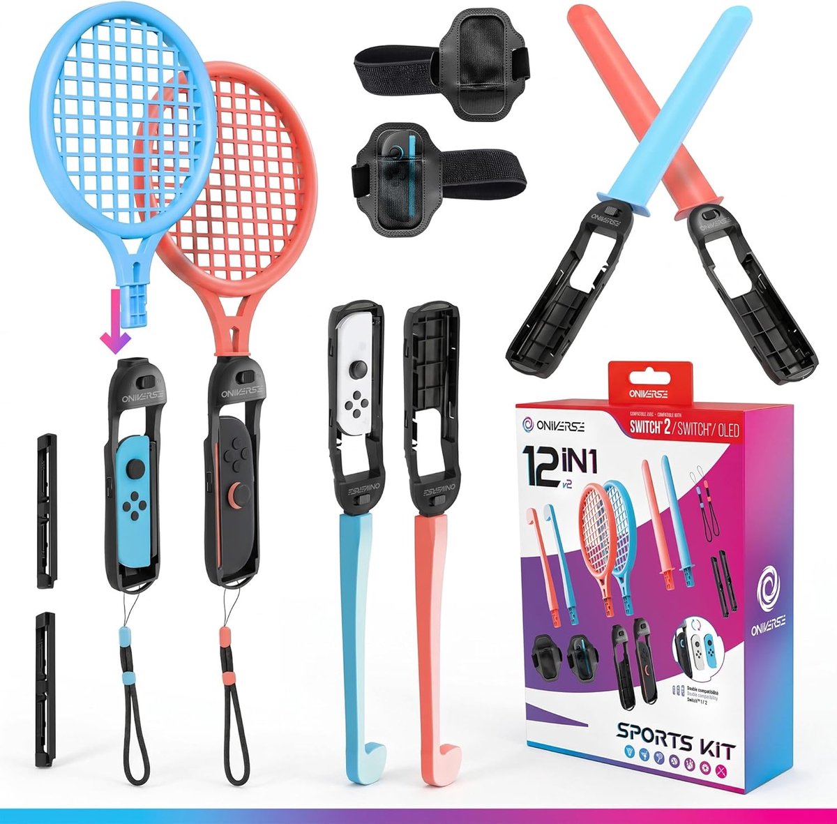 SnelShoppen - 12-in-1 Accessoireset voor Switch 2/OLED - Rackets, Golfclubs, Chambara-zwaarden, Beenriemen, Polsbandjes, Joy-Con Handgrepen