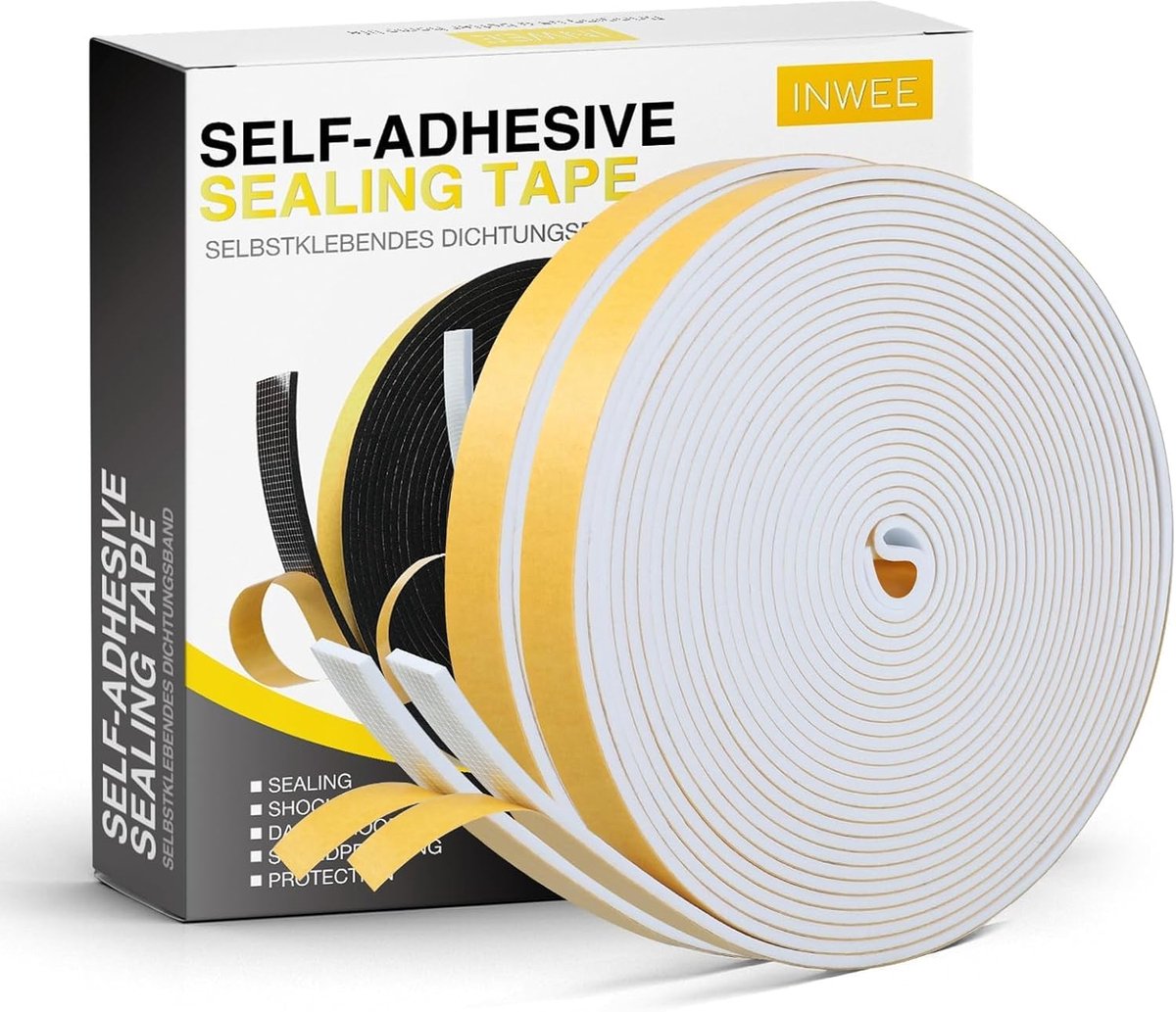 Inwee Afdichtingstape, zelfklevend, 2 Rollen 12 mm(B) x 3 mm(D) voor deuren en ramen, schuimtape, rubberen afdichting - ShopVlot