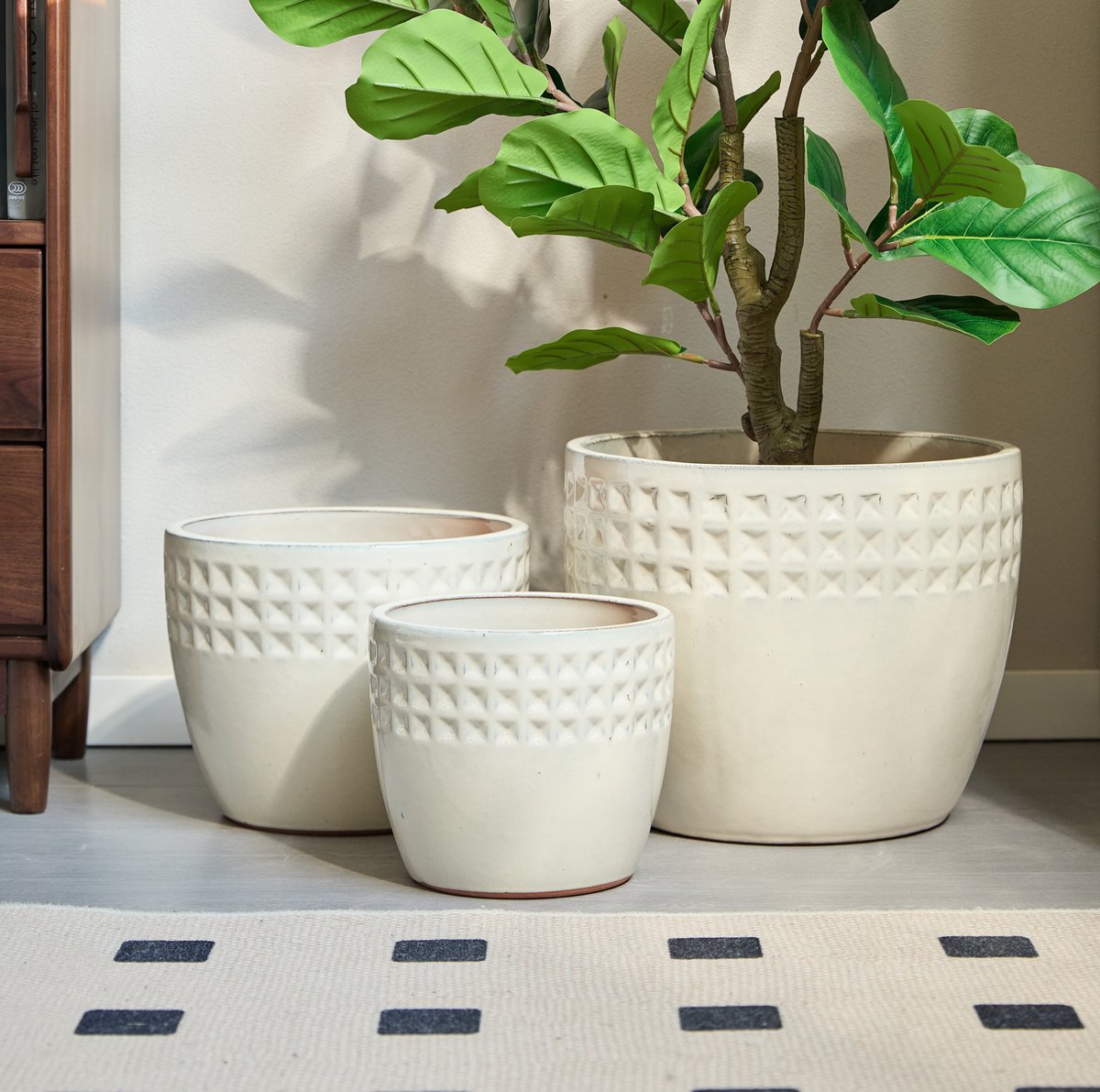 MODENUIT Bloempot Set – 3-Delig Ø38/30,5/23 cm – Keramiek – Ancient White – Voor Binnen & Buiten