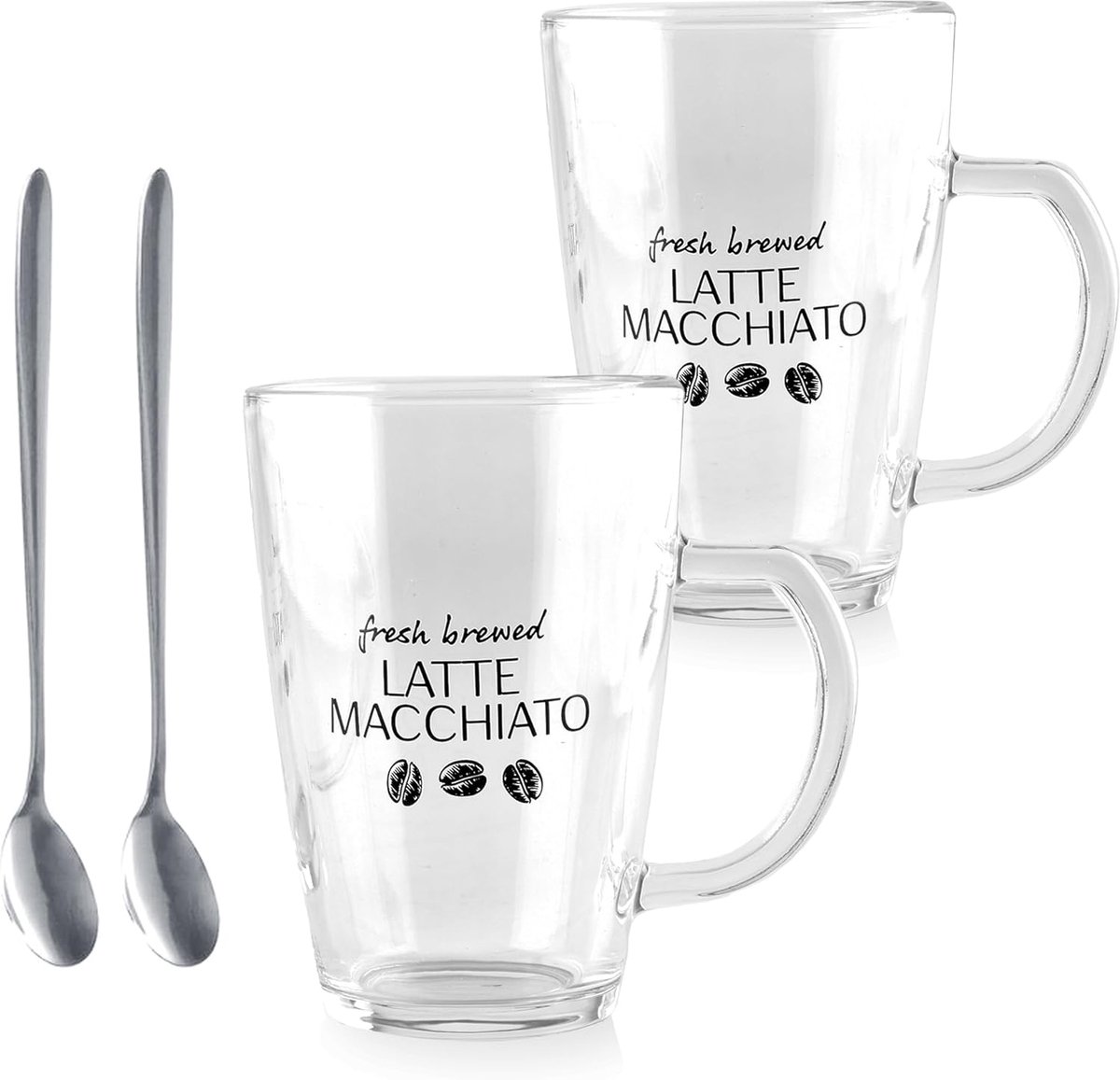 SnelShoppen - Latte Macchiato Glazen Set met Lange Lepels - 300 ml - Magnetronbestendig - Niet Geschikt voor Vaatwasser - Perfect voor Warme en Koude