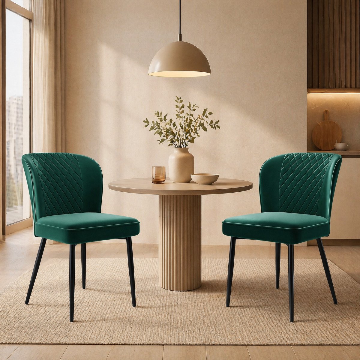 MEUNIQ Eetkamerstoel set van 2 in donkergroen velvet met metalen onderstel, gestikt patroon, 86 cm, voor eetkamer en keuken