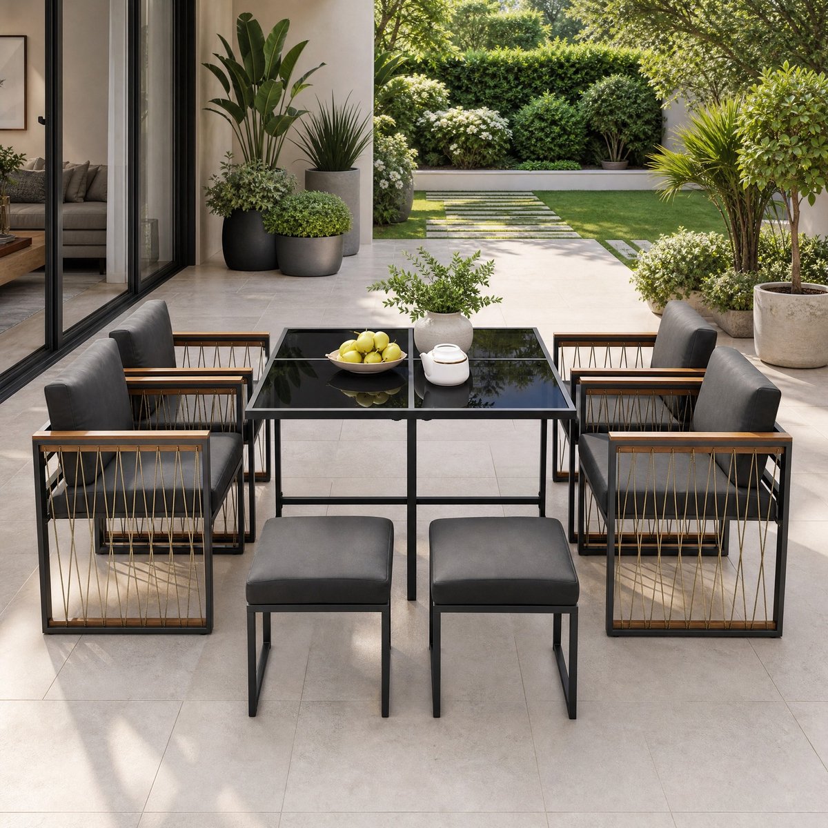 MODENUIT Tuinset 117 x 117 cm - 7-Delige Set Met Gehard Glas - Voor Tuin En Terras - Metaa