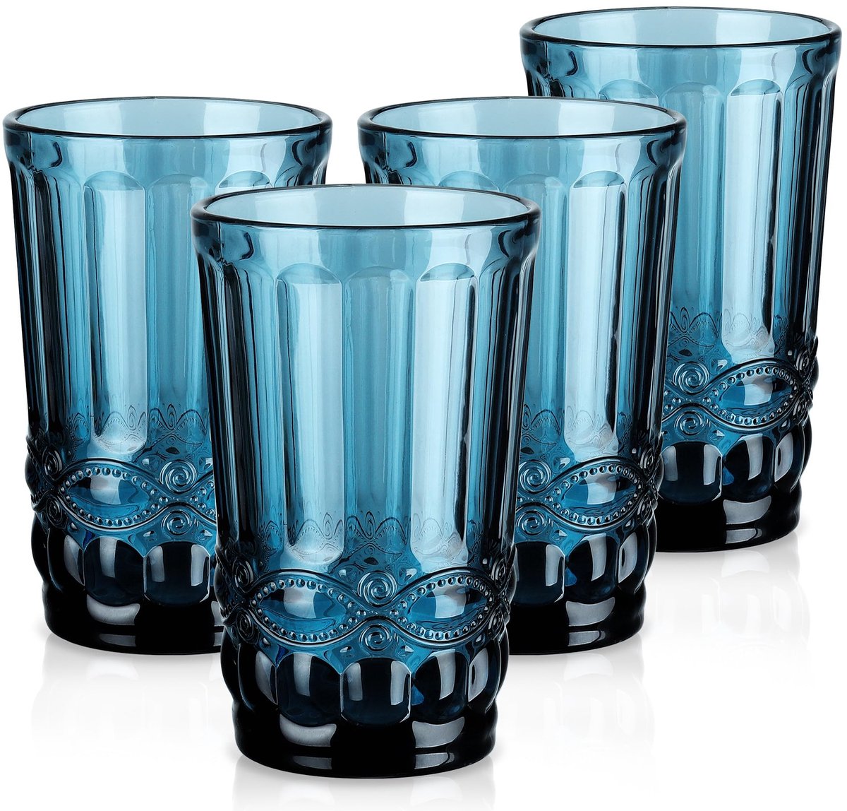 SnelShoppen - Set van 4 Vintage Blauwe Waterglazen 410 ml met Reliëf - Kleurrijke Drinkglazen voor Kerstfeesten, Bruiloften, Banketten en Familiediner