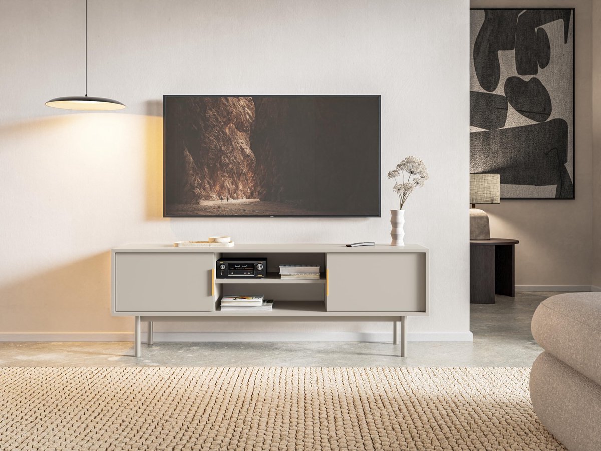 SnelShoppen - Selsey TV-meubel staand 154 cm, tv-kast met 2 deuren, 2 vakken, beige-grijs,