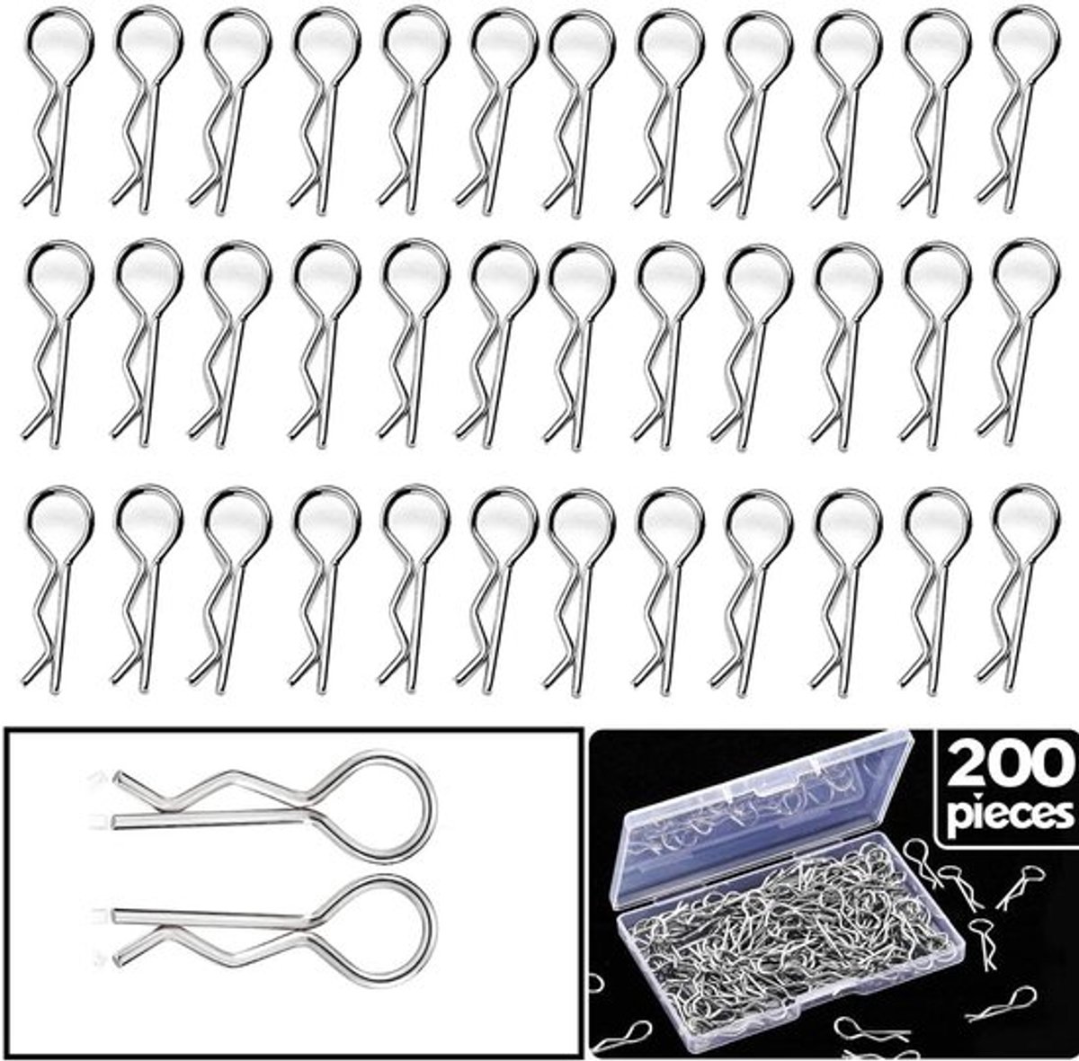 Body Clip 200 Stuks - Roestvrij Staal - Universele 1/10/1/12 RC Auto - Haarspeldtype - Lichtgebogen Ontwerp - Afmetingen 24,3 x 1,2 mm - RC Clips
