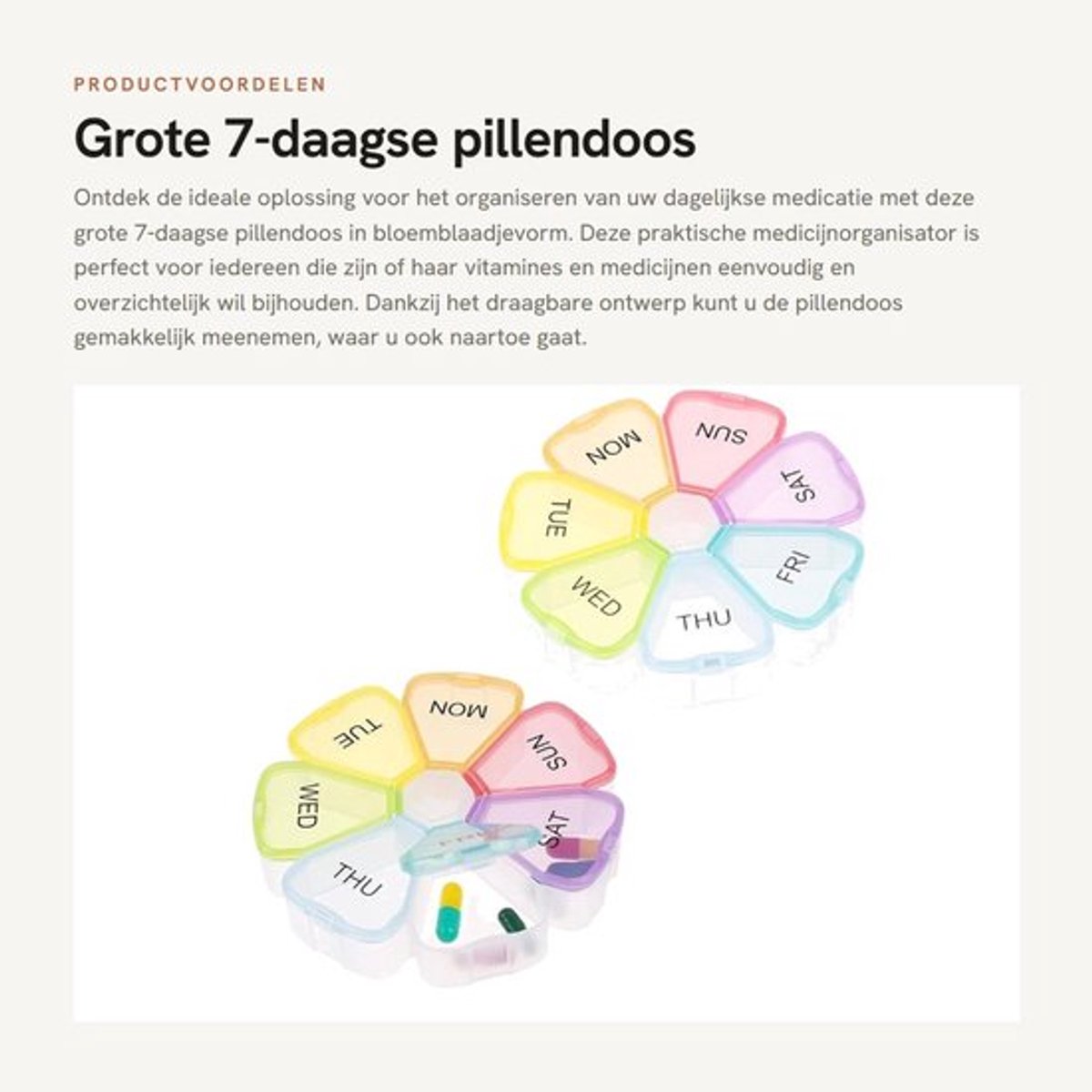 Pillendoos 7 dagen - Pillendoos grote vakken - Pillendoosjes 7 dagen - Medicijnorganisator - Draagbare container - Bloemblaadjevormige vorm - Medicijnbox