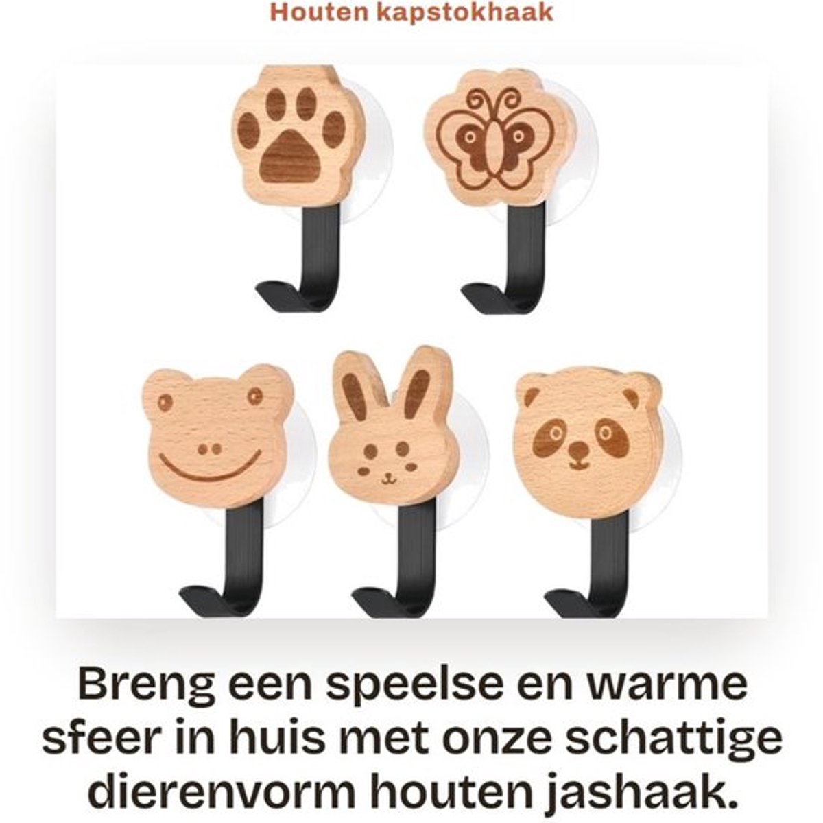 Kapstokhaak Houten Dier - Zelfklevende Wandhaak - Kledinghaak voor Kastdeur - Slaapkamer/Keuken - Draagvermogen 3 kg - Unieke Dierenvormen