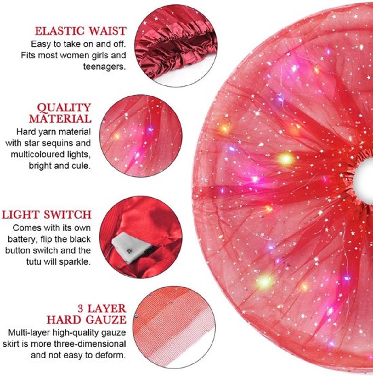 URAQT Tule Tutu Rokken voor Dames LED Light Up, Tutu Rokken Pailletten Sterren Elastisch, Tutu Volwassen Tiener Rok Ballet Dans Festival Outfit Halloween Feestkostuum