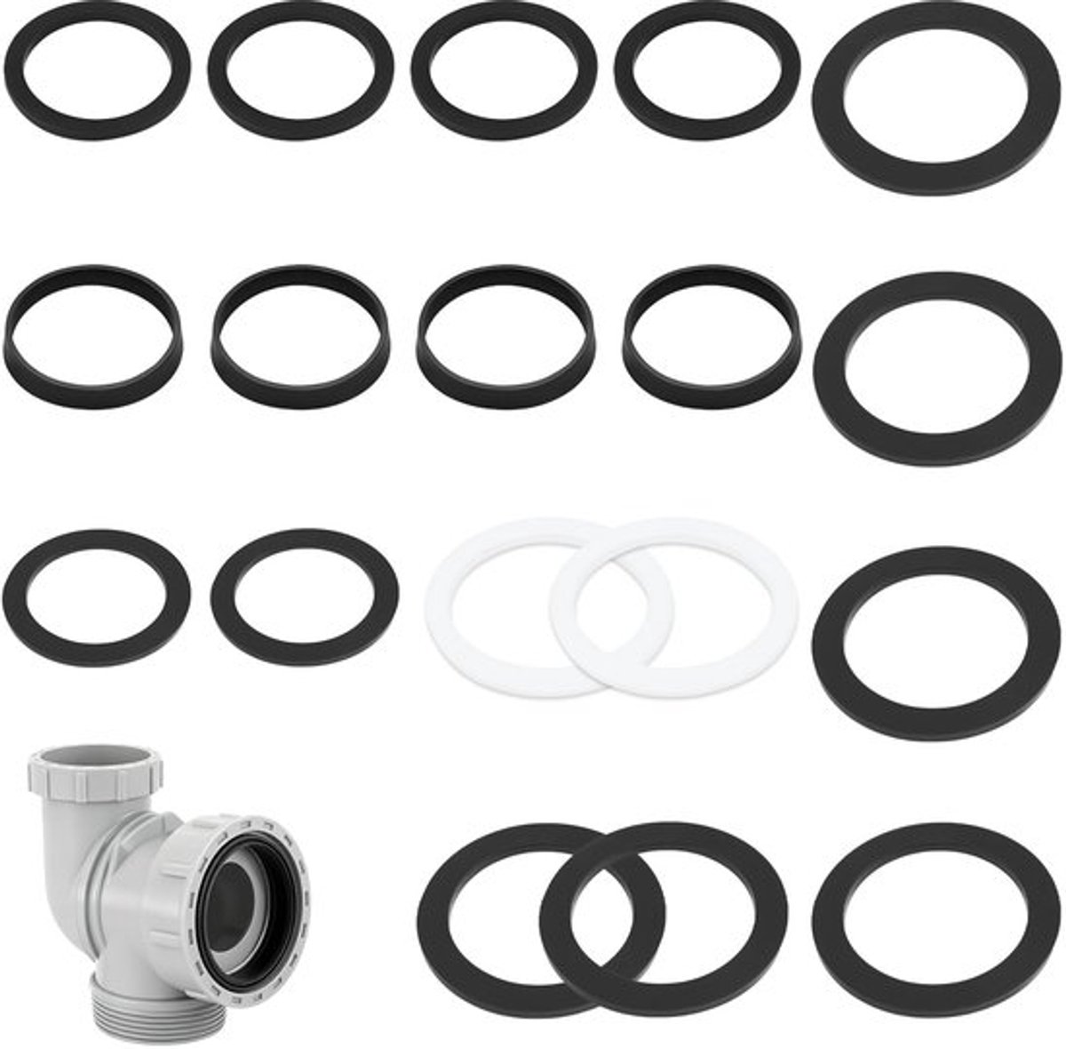 Afvoerafdichting voor wastafel, 6 platte afdichtingen, 6 alternatieve platte afdichtingen, 40 mm, voor 40 mm sifon (zwart)