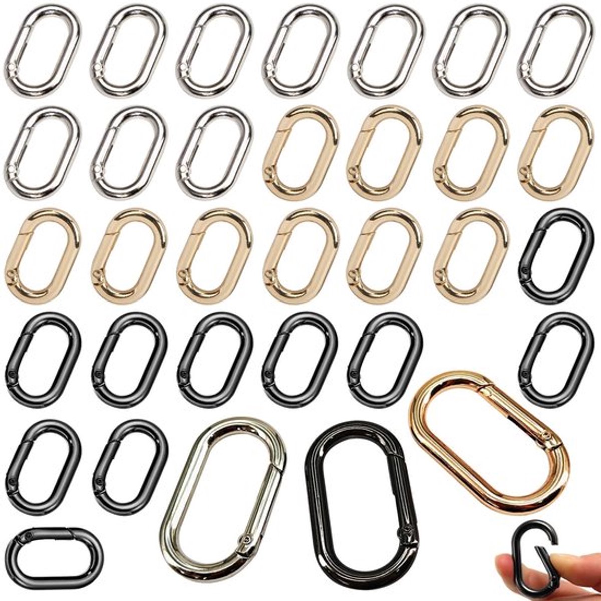 30 Stuks Ovale Karabijnhaken - Metaal in Goud, Zilver en Zwart - Kleine Sleutelhanger Clips