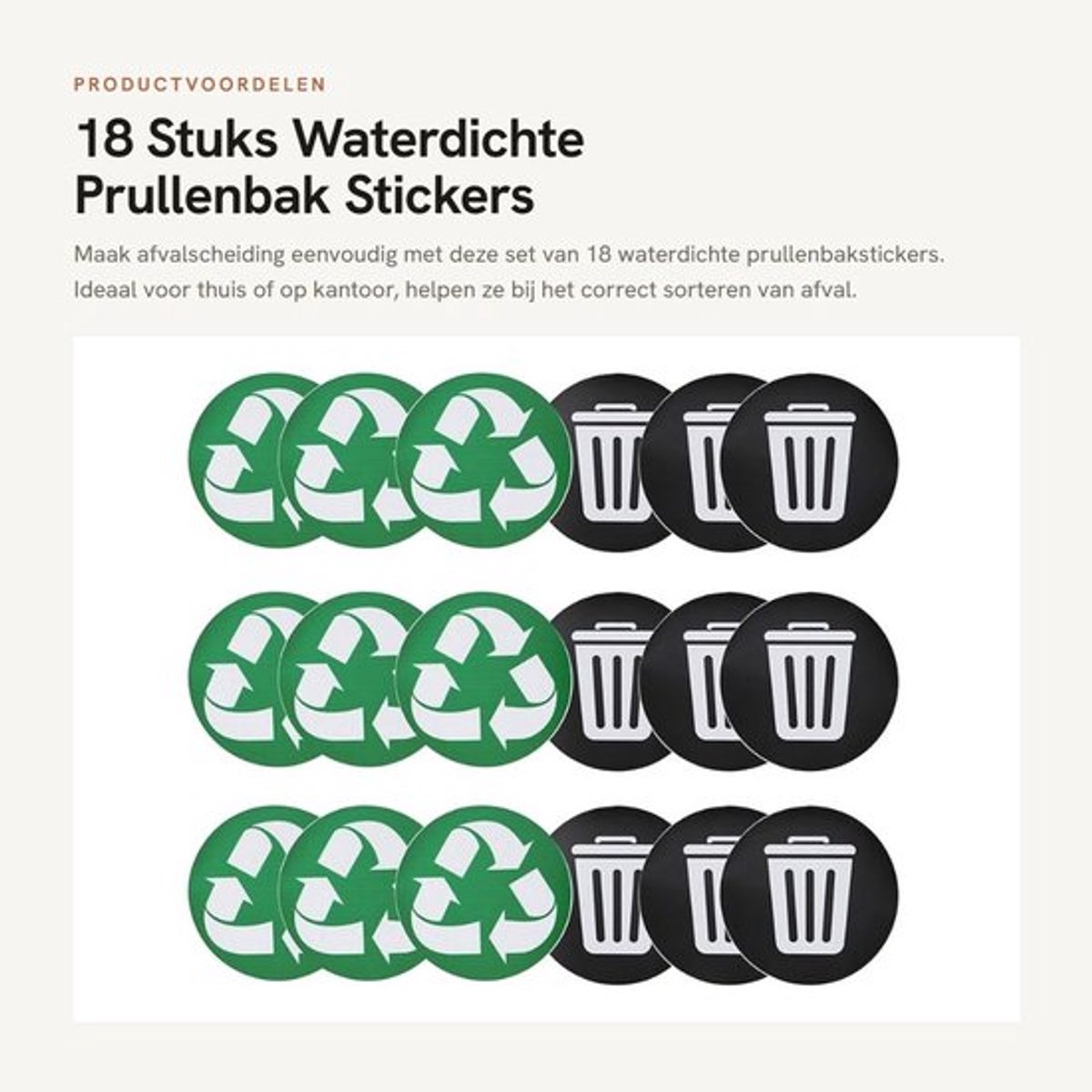 Recycle Sticker - 18 Stuks - Waterdichte Prullenbaksticker - Zelfklevende Sticker - Mat Gelamineerd PVC - Diameter 12,5 cm - Vuilnisbaksticker