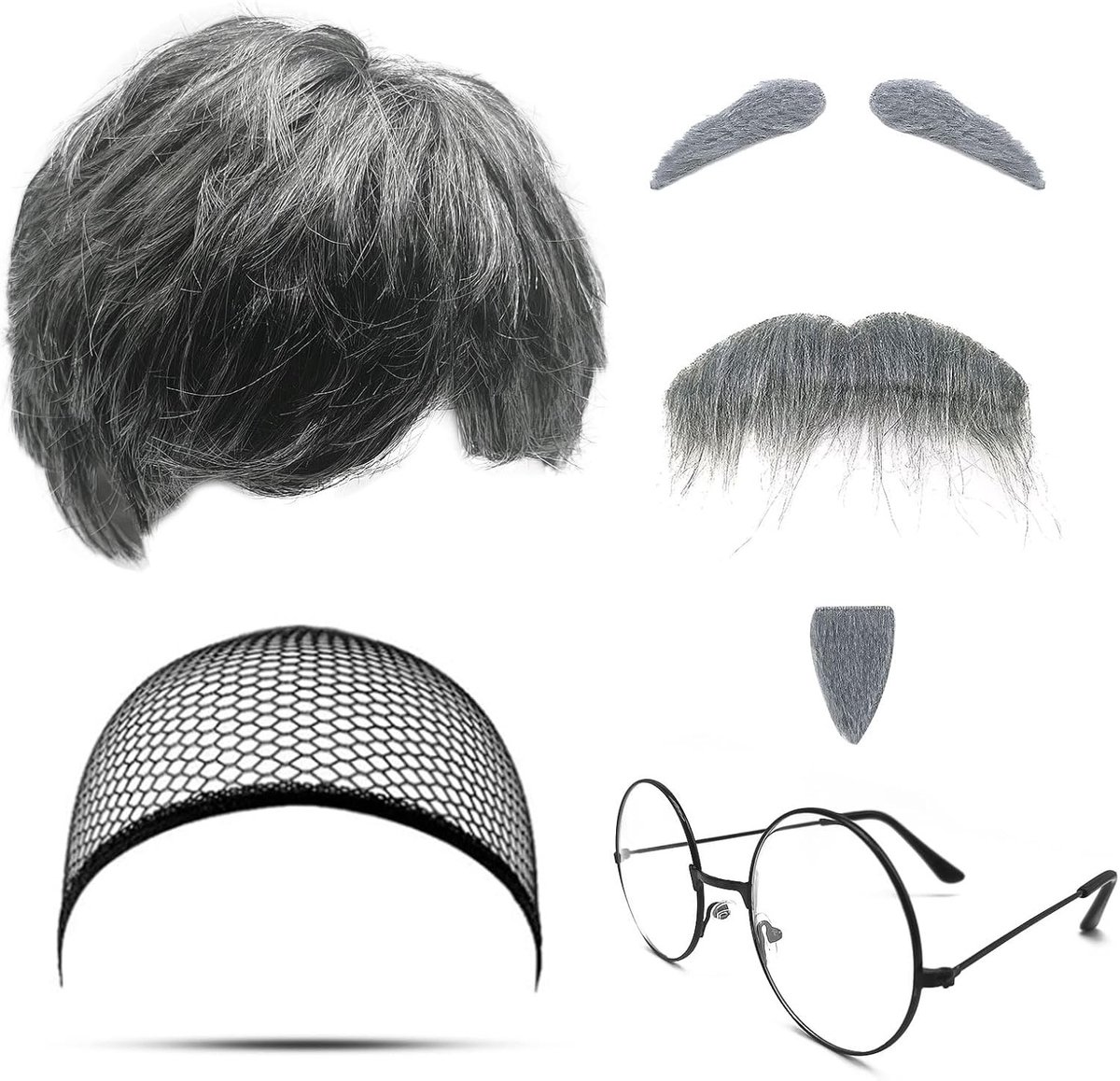 7-delig Kostuum voor Grootvader - Accessoires voor Oude Mannen met Peruk, Valse Baard, Wenkbrauwen, Pet en Bril voor Halloween, Kerst en Cosplay Feestjes