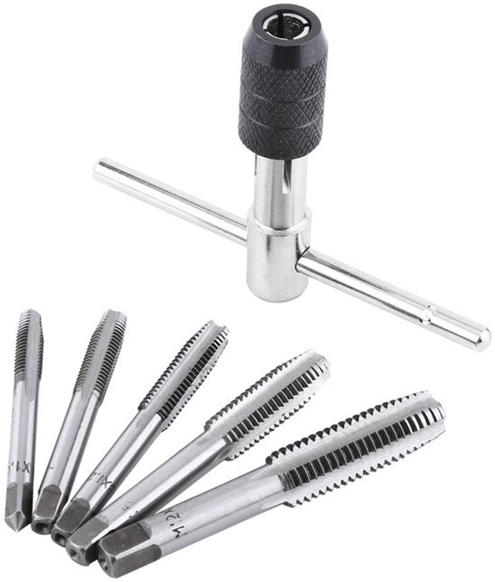 Schroeftap 6-delig - Verstelbare T-vormige Sleutel - Draadfreeskranen - Handgereedschap - Geschikt voor kunststof/aaluminium - Ideaal voor draadverwerking - Taps