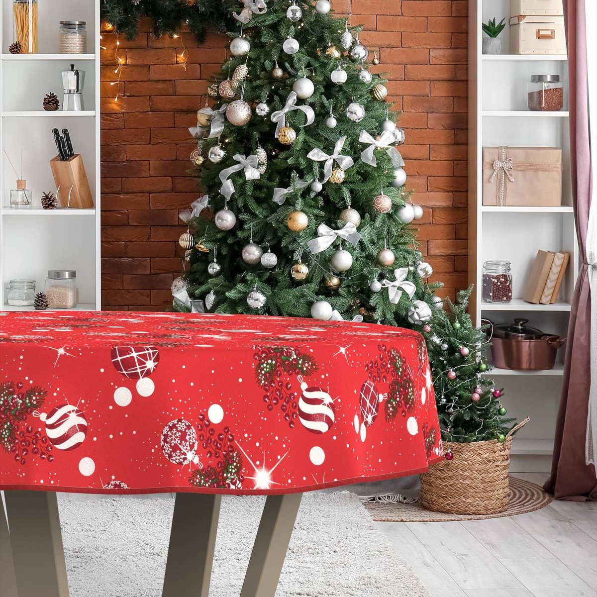ANRO Tafelkleed Kerst maretak Rood Rond Ø100cm Met sierband Afwasbaar Waterafstotend Binnen & Buiten