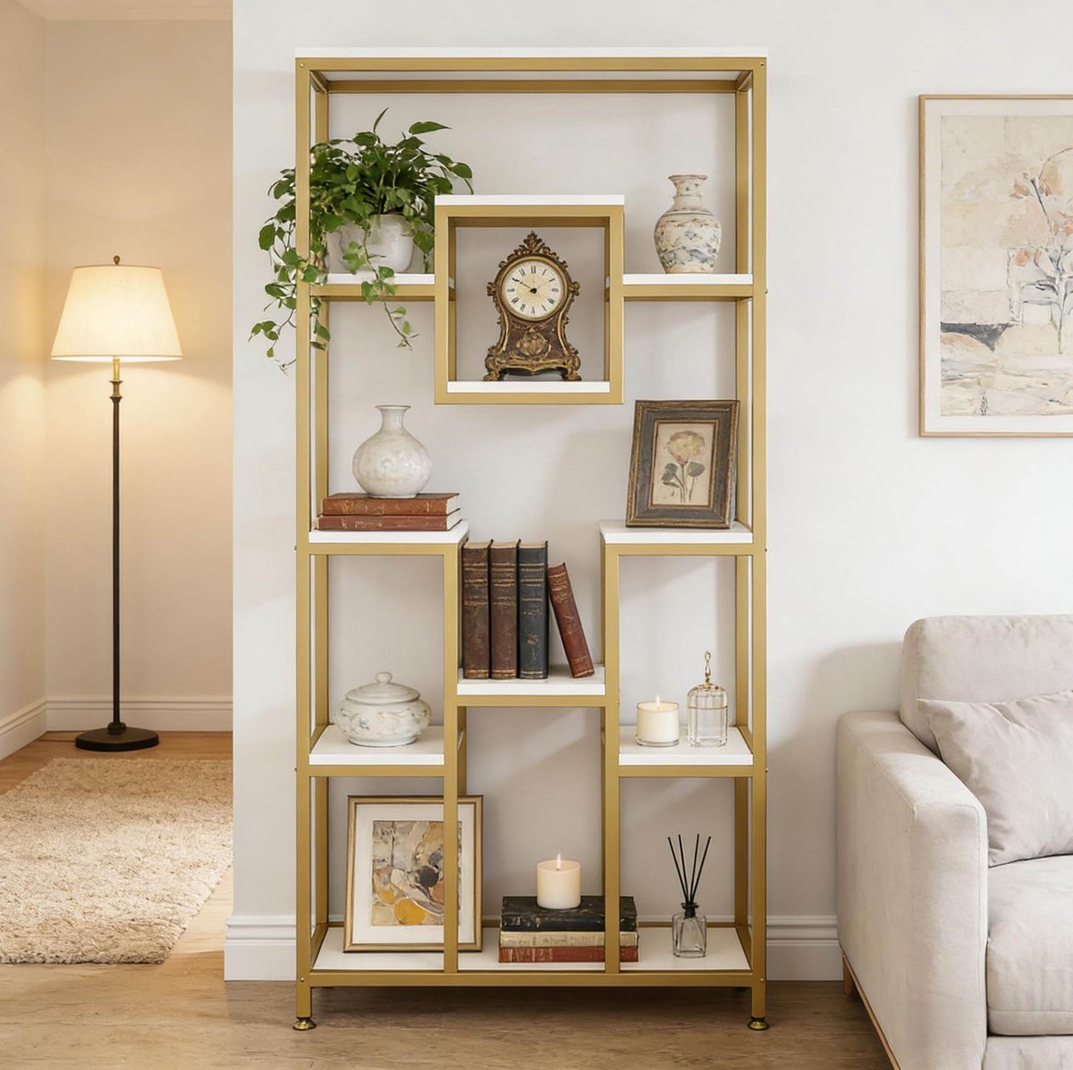 Boekenkast Geometrisch Open Vakdesign 182 Cm Metaal En Hout Goud Wit Vrijstaand Voor Woonkamer En Slaapkamer