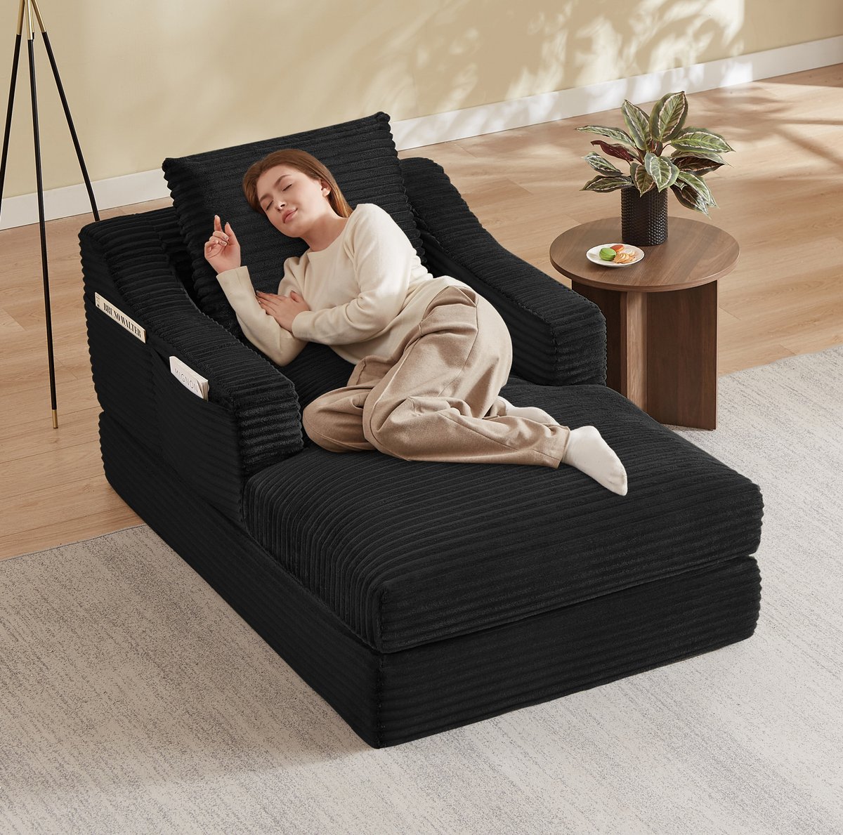 REDOM - Bank - Uitschuifbaar naar bed - Dubbele laag - Relaxfunctie - Moderne minimalistische stijl - Woonkamer en slaapkamer - Stof - Zwart - 100 x 160 x 85 cm