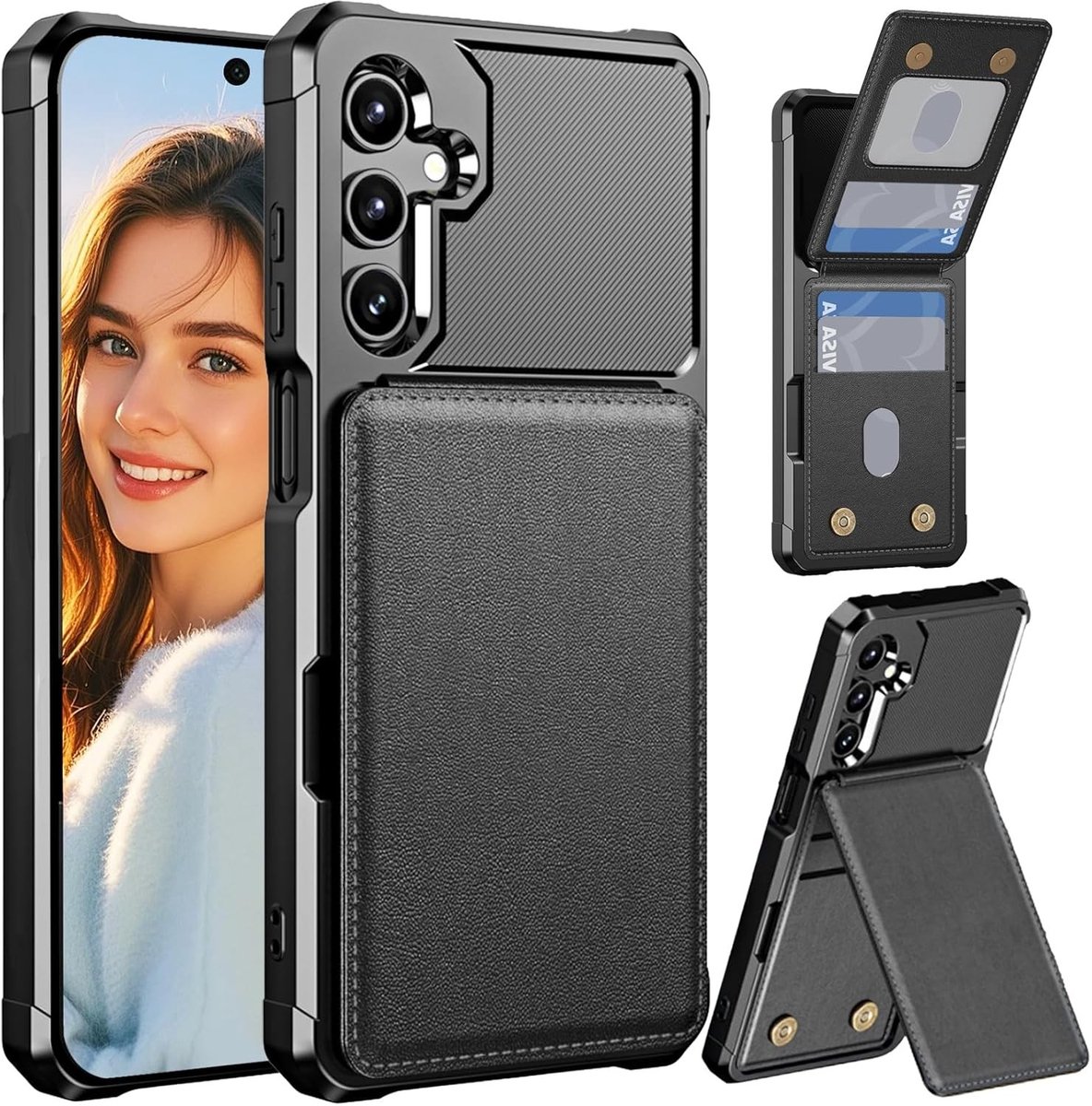 Robuuste Schokbestendige Wallet Case met Kaarthouder en Kickstand voor Samsung Galaxy A16 - Anti-Kras en Militaire Kwaliteit Zwart