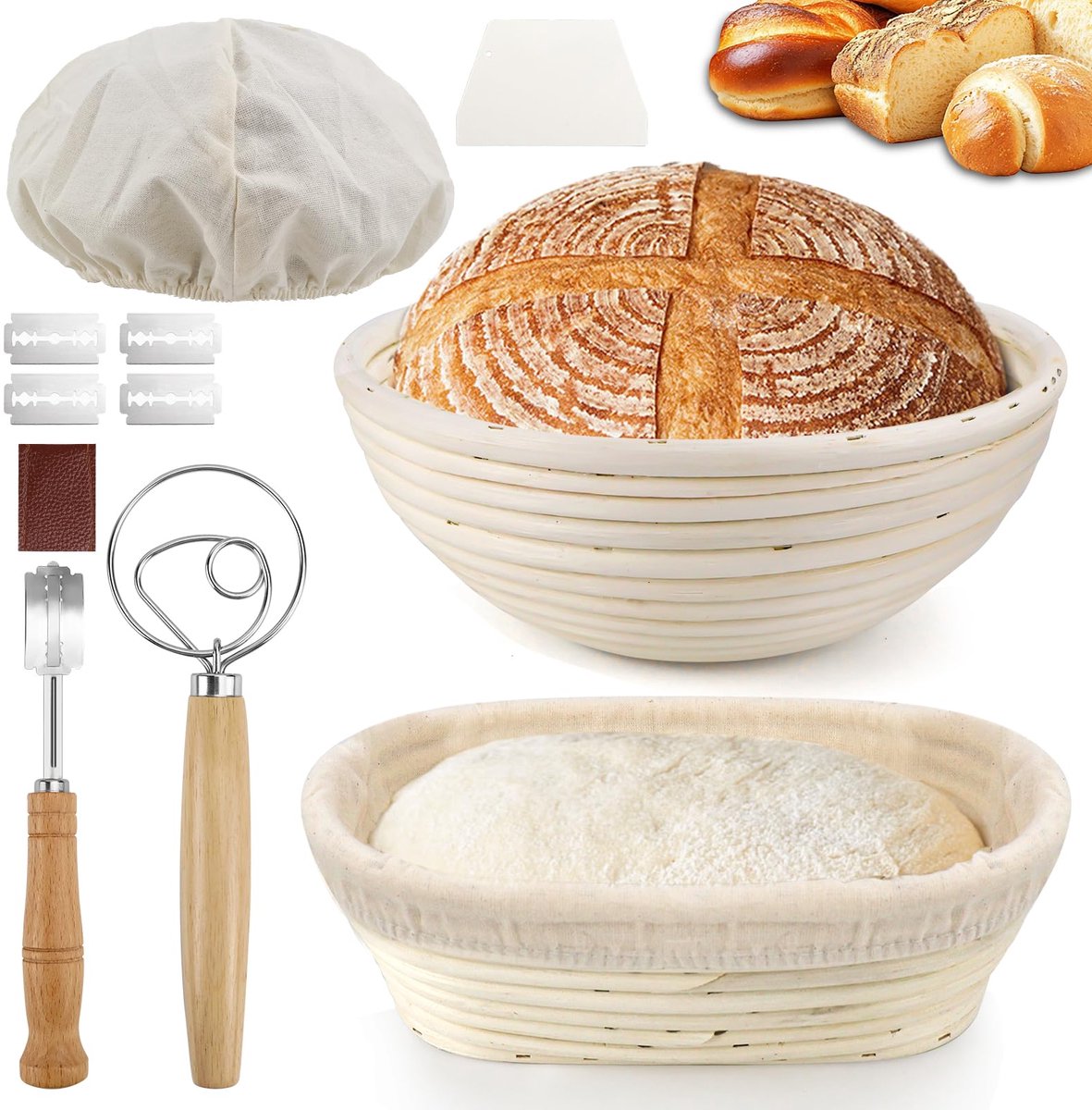 SnelShoppen - 2 Stuks Rijsmanden voor Brood - 100% Natuurlijk Rotan - Rond 23 cm & Ovaal 24,5 cm - Inclusief Linnen Doek, Bakkersmes, Deense Garde en