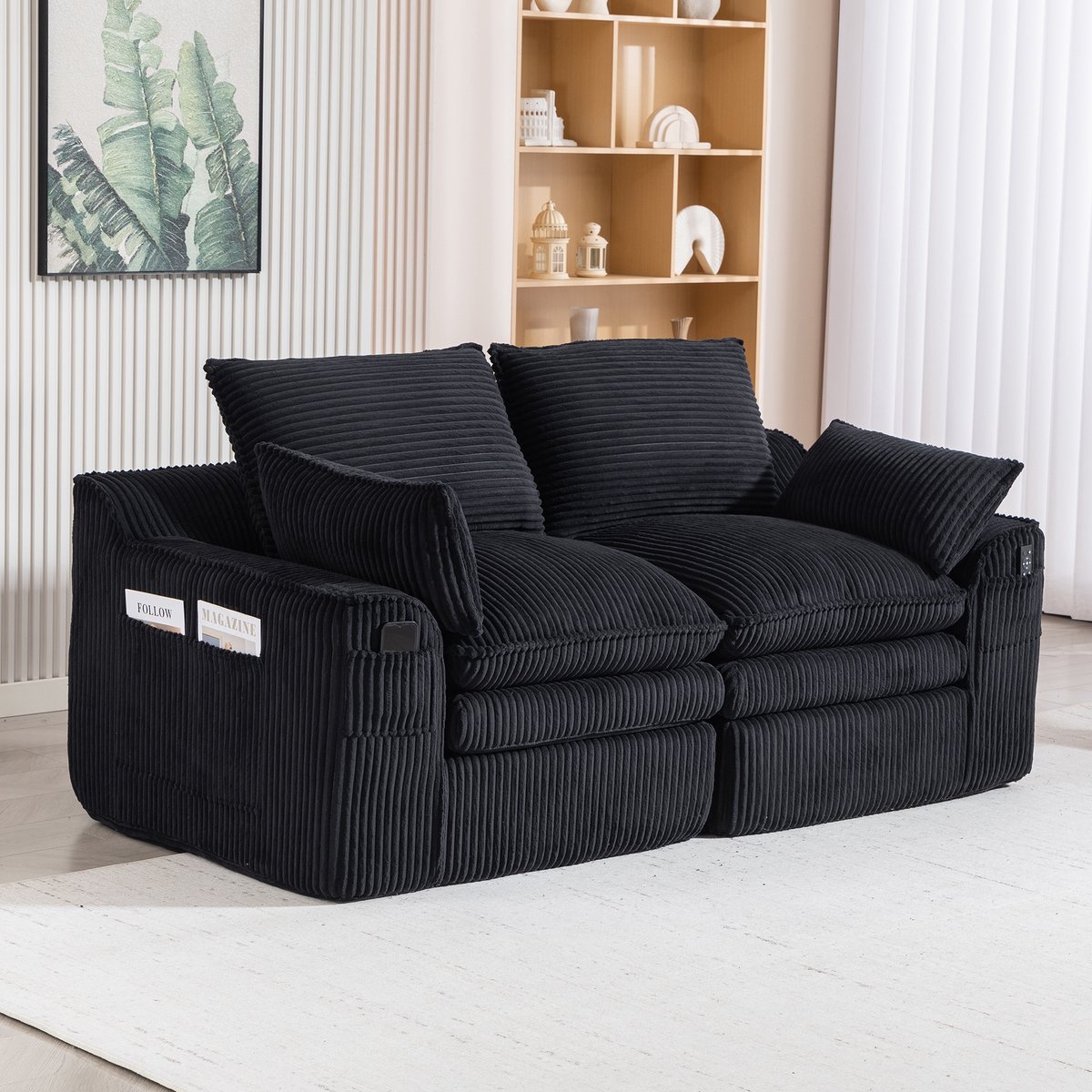 2 Zitsbank Corduroy - Modulaire Lounge Bank Met Zijvakken En Comfort Kussens Zwart