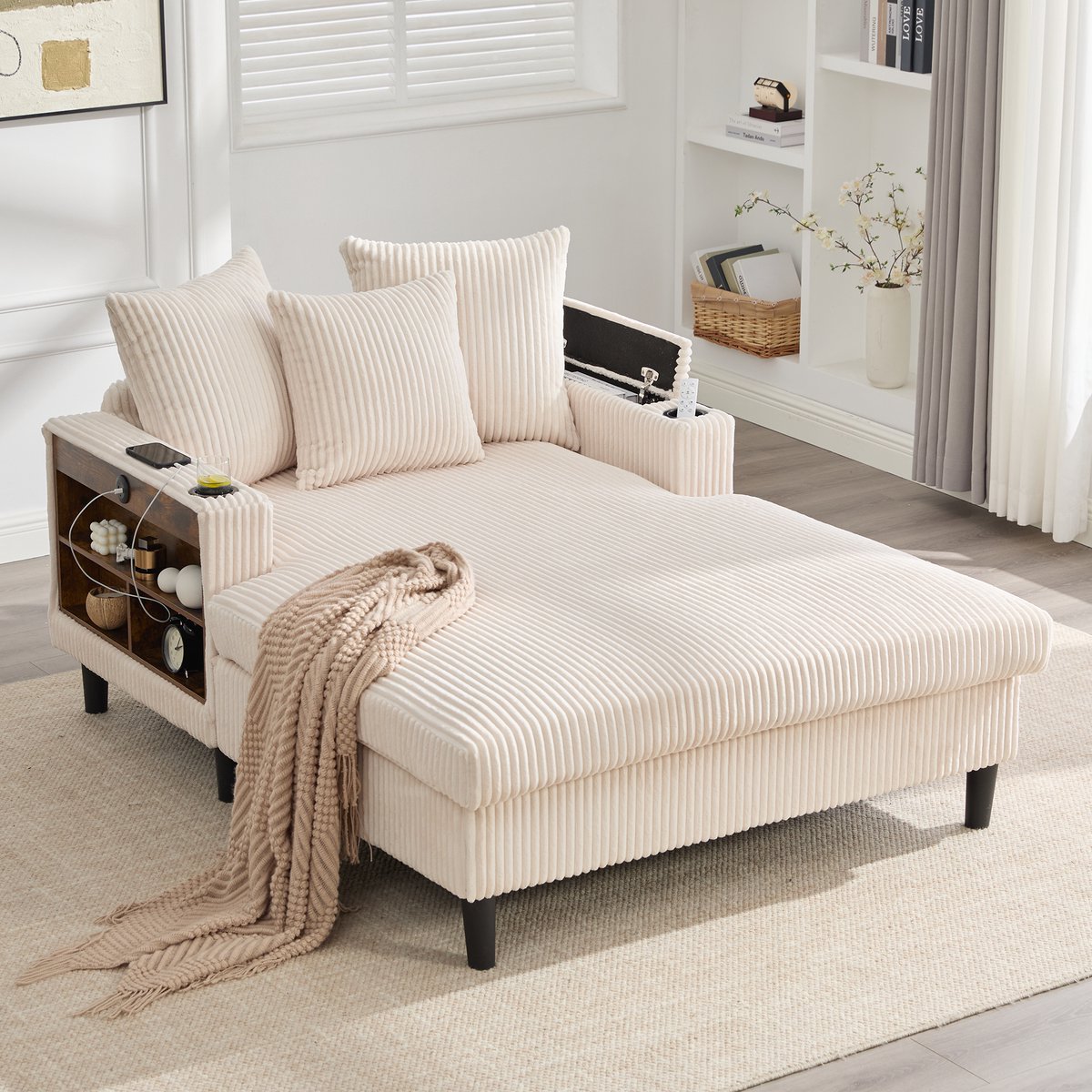 Lounge Stoel Met Chaise Longue - Chenille Relaxstoel Met LED Verlichting, USB, Bekerhouders En Opbergruimte, Beige