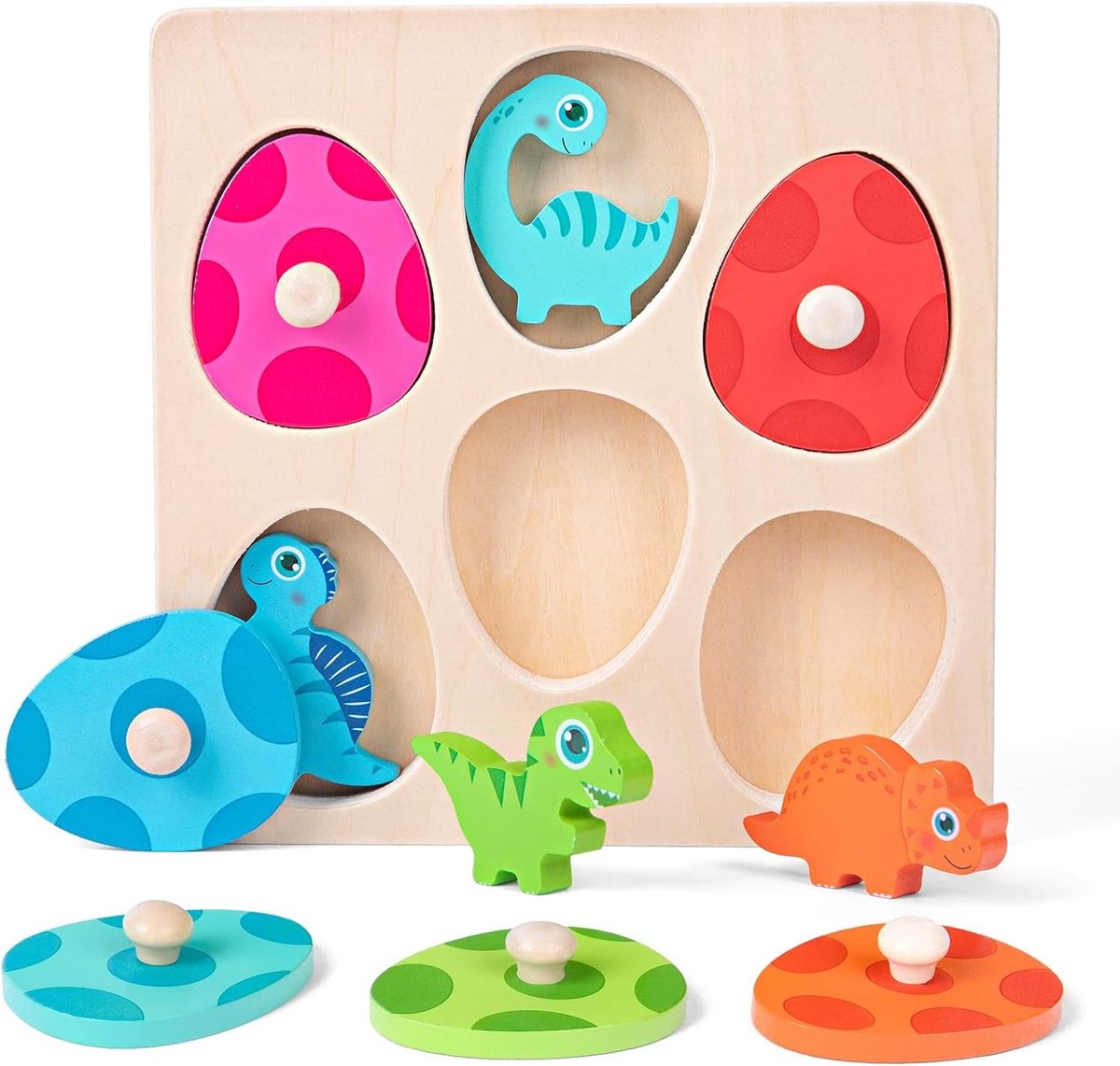 Houten Puzzel voor Kinderen van 1 Jaar, Montessori Speelgoed met Dino Eieren, Motorische Vaardigheden en Sorteren, Perfect als Cadeau voor Verjaardag en Feestdagen
