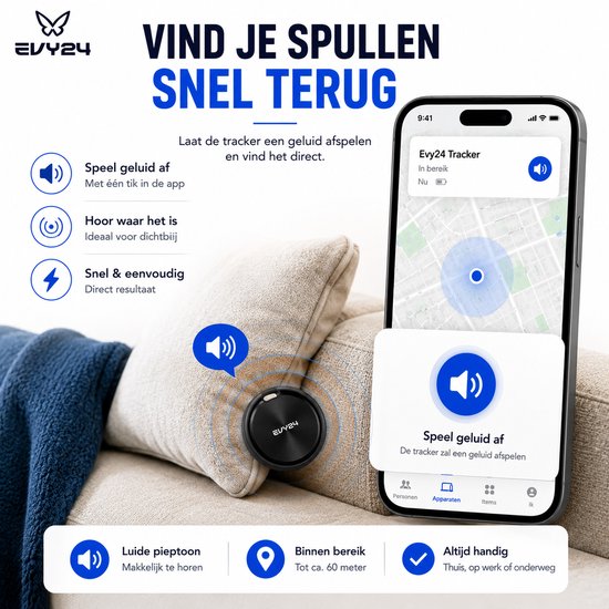Zwarte Evy24 tracker op een bank, geluidssignaal, en op een smartphone met kaartweergave.